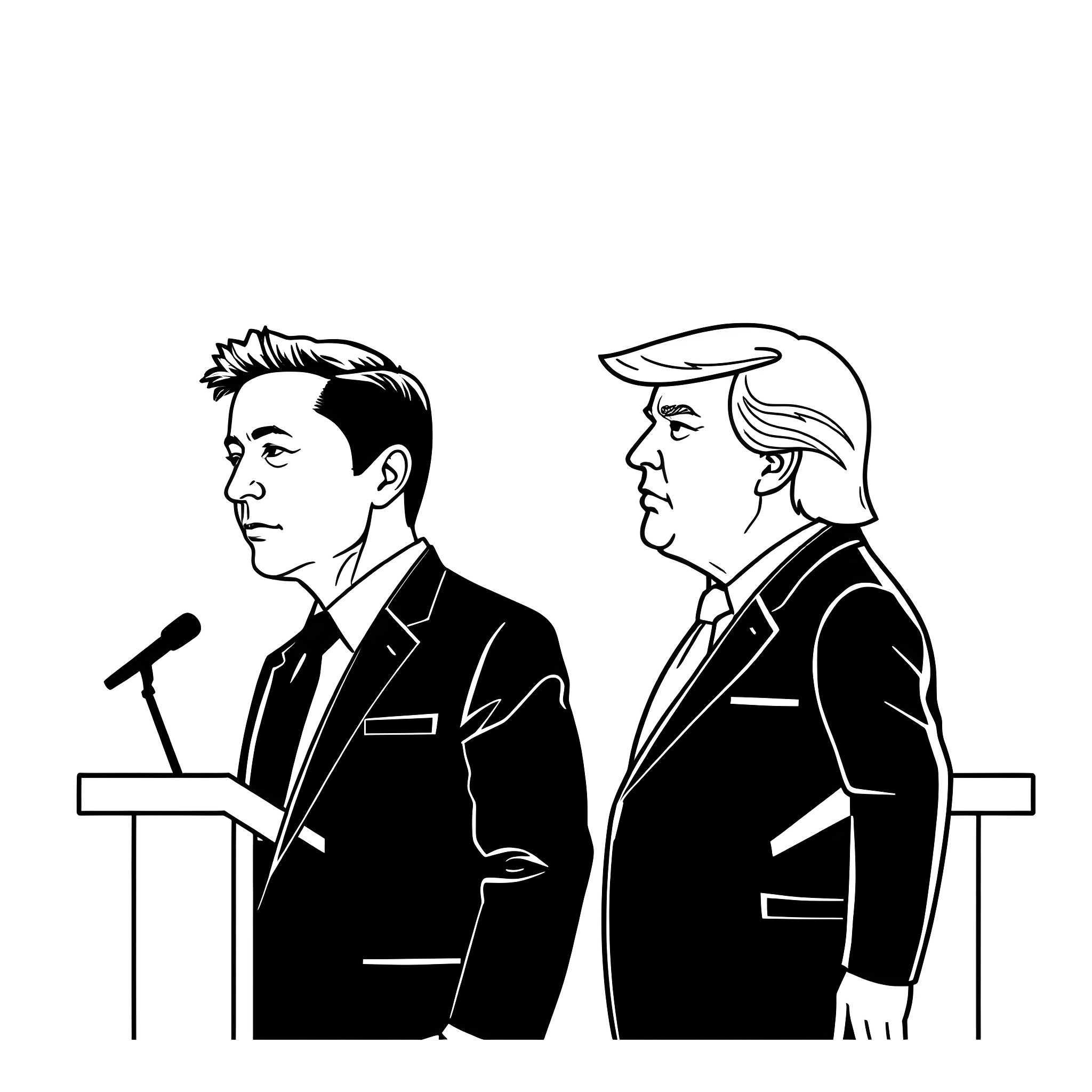 Musk and Trump at a formal political event Coloring Page (free black-and-white line drawing printable PDF for all, from beginners to advanced learners, including children, teens, adults, and seniors)