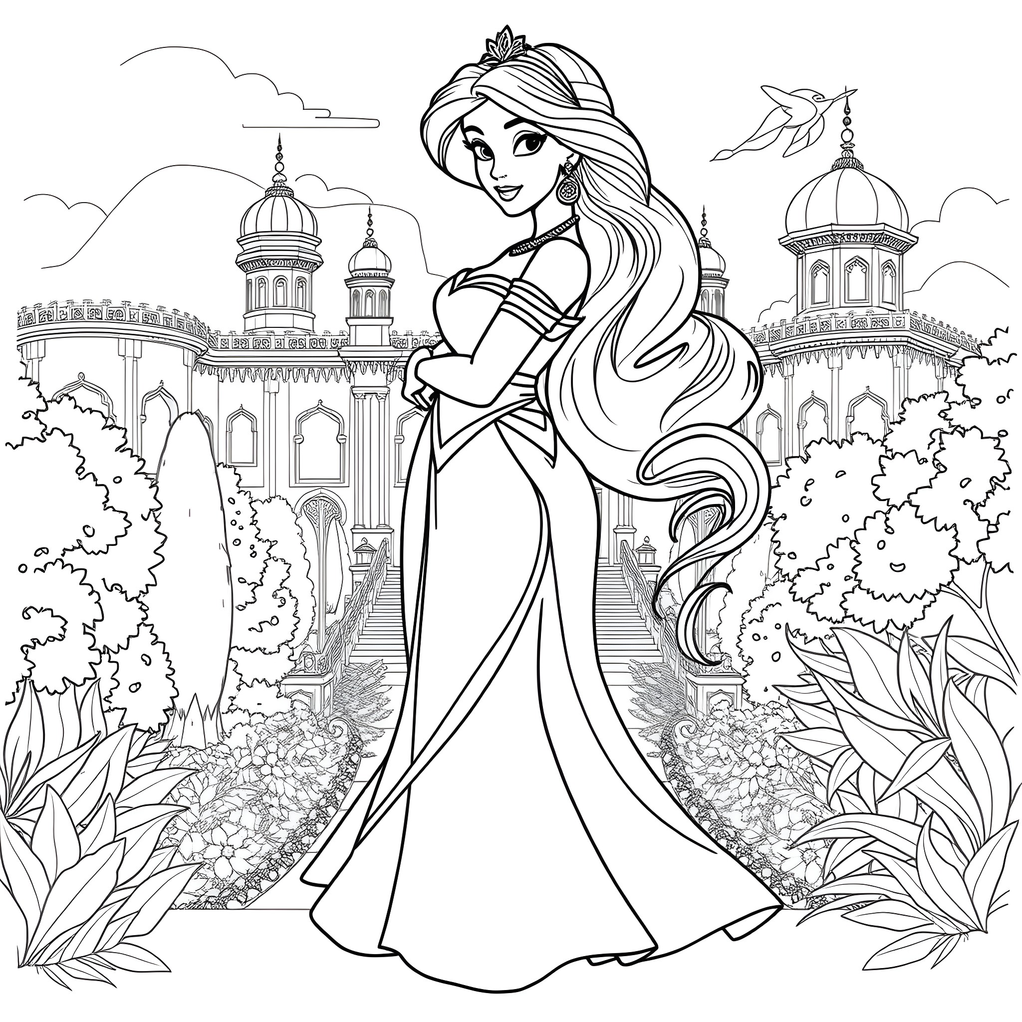Jasmine enjoying the serene palace gardens Coloring Page (free black-and-white line drawing printable PDF for all, from beginners to advanced learners, including children, teens, adults, and seniors)