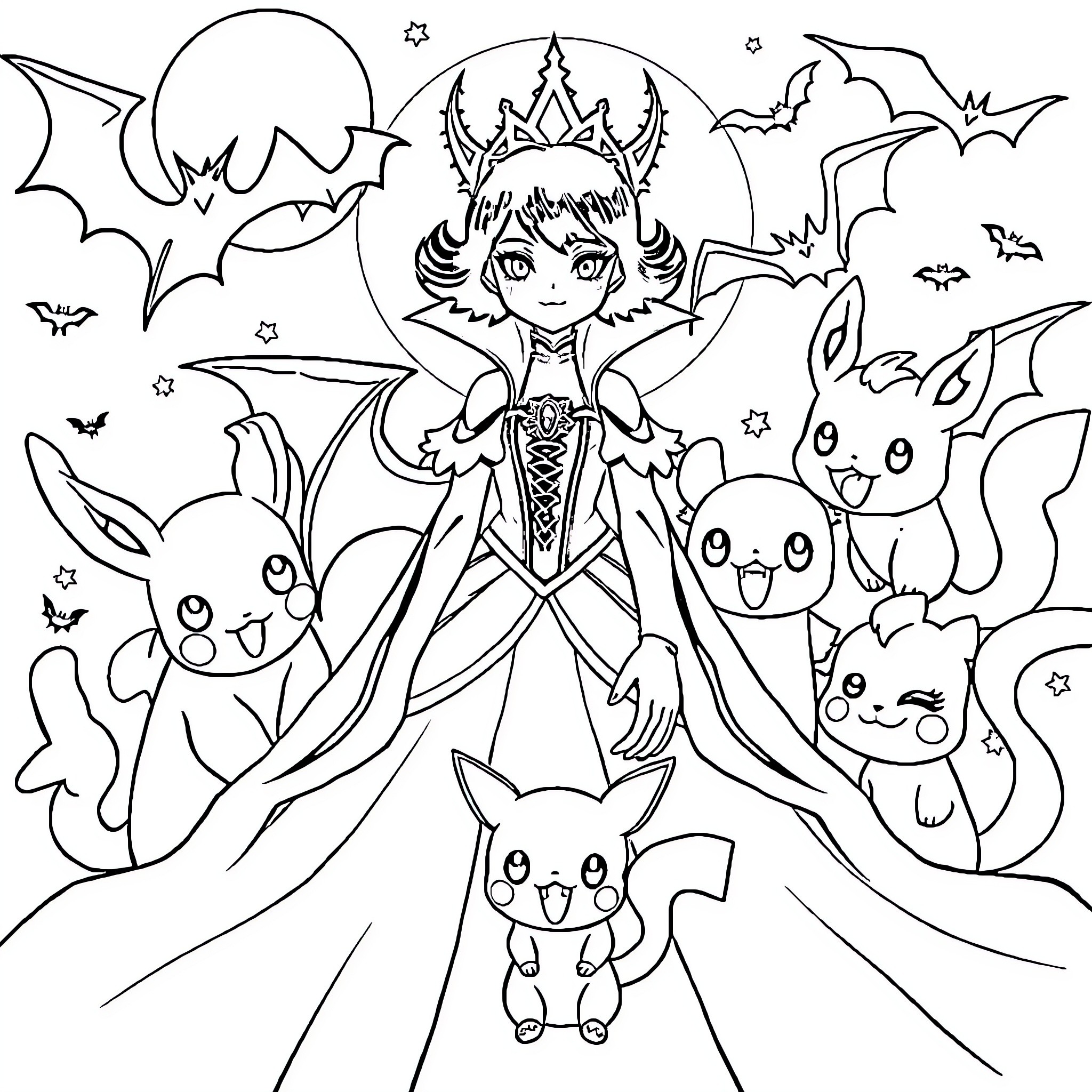 Vampire Princess with Magical Companions Coloring Page (free black-and-white line drawing printable PDF for all, from beginners to advanced learners, including children, teens, adults, and seniors)