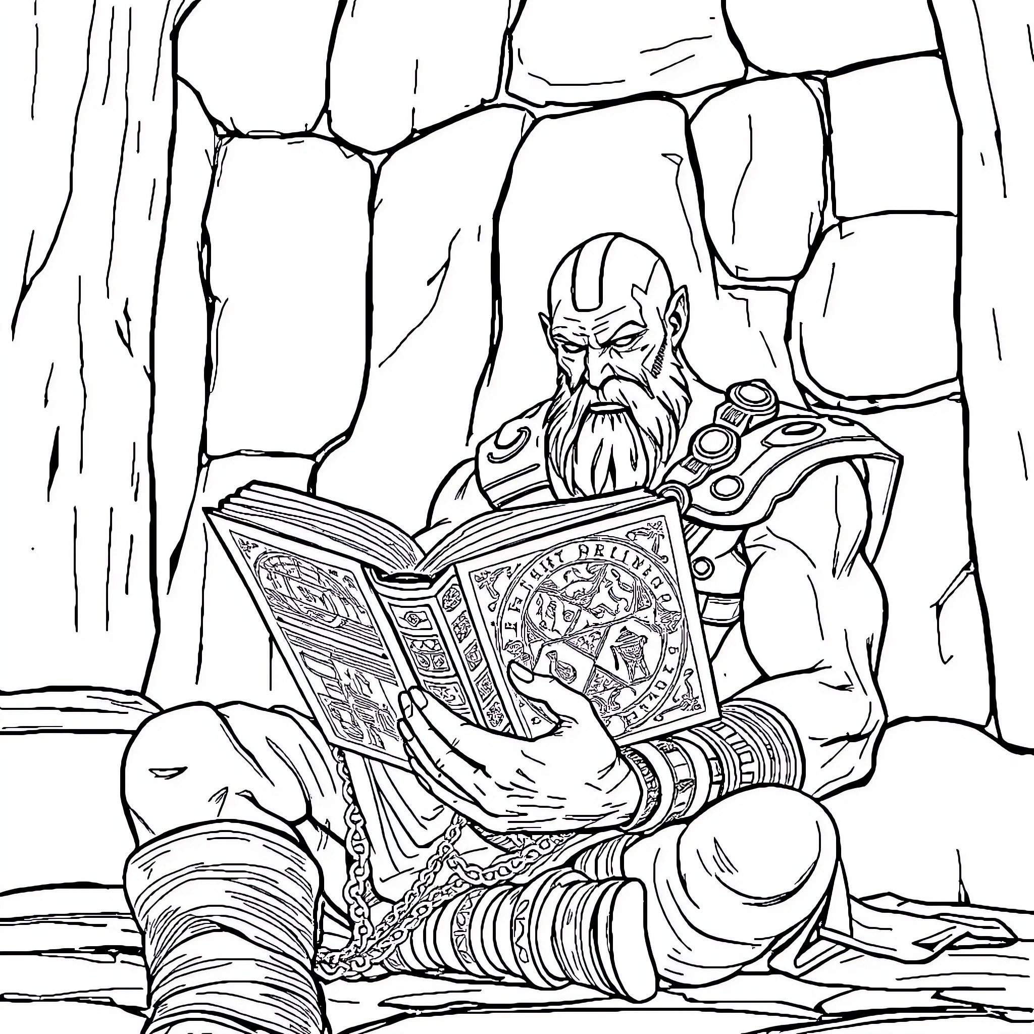 Kratos studying ancient scrolls in a serene setting Coloring Page (free black-and-white line drawing printable PDF for all, from beginners to advanced learners, including children, teens, adults, and seniors)
