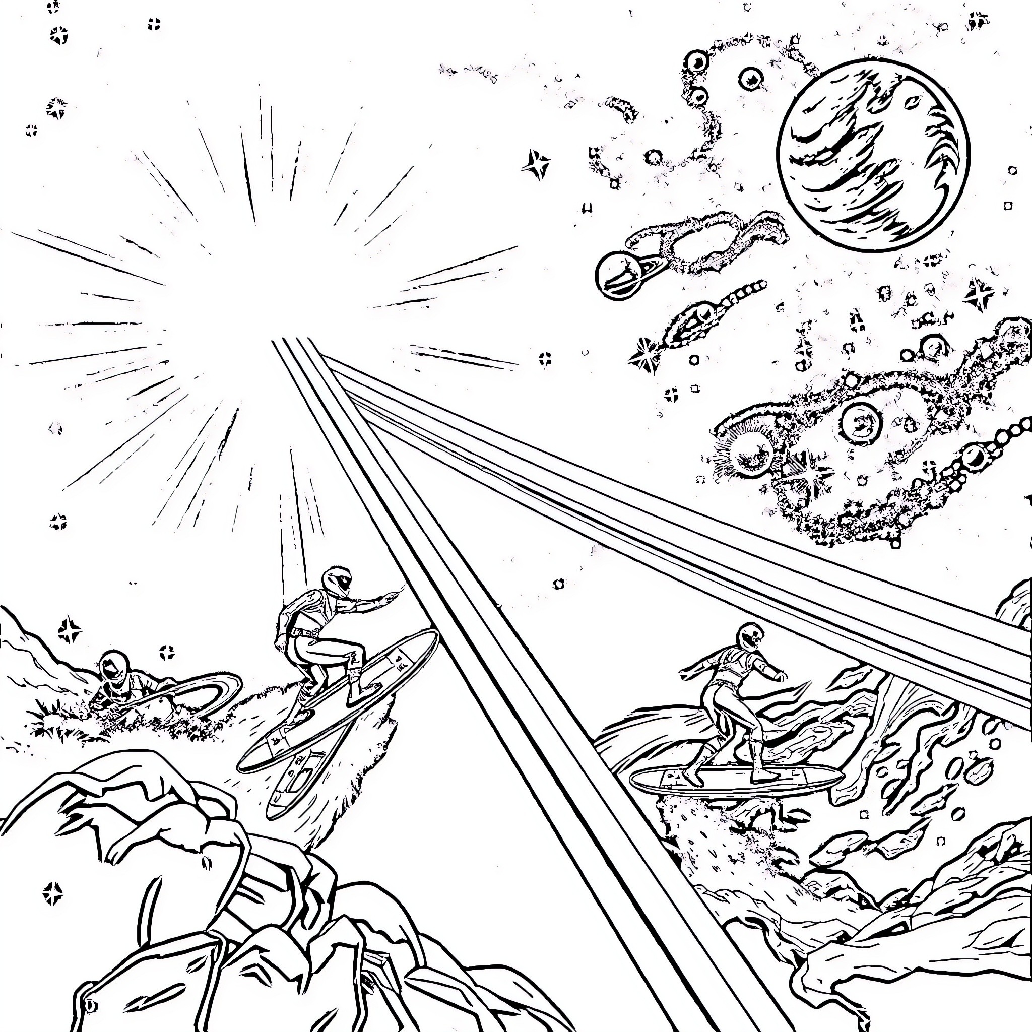 Power Ranger-inspired futuristic space adventure Coloring Page (free black-and-white line drawing printable PDF for all, from beginners to advanced learners, including children, teens, adults, and seniors)