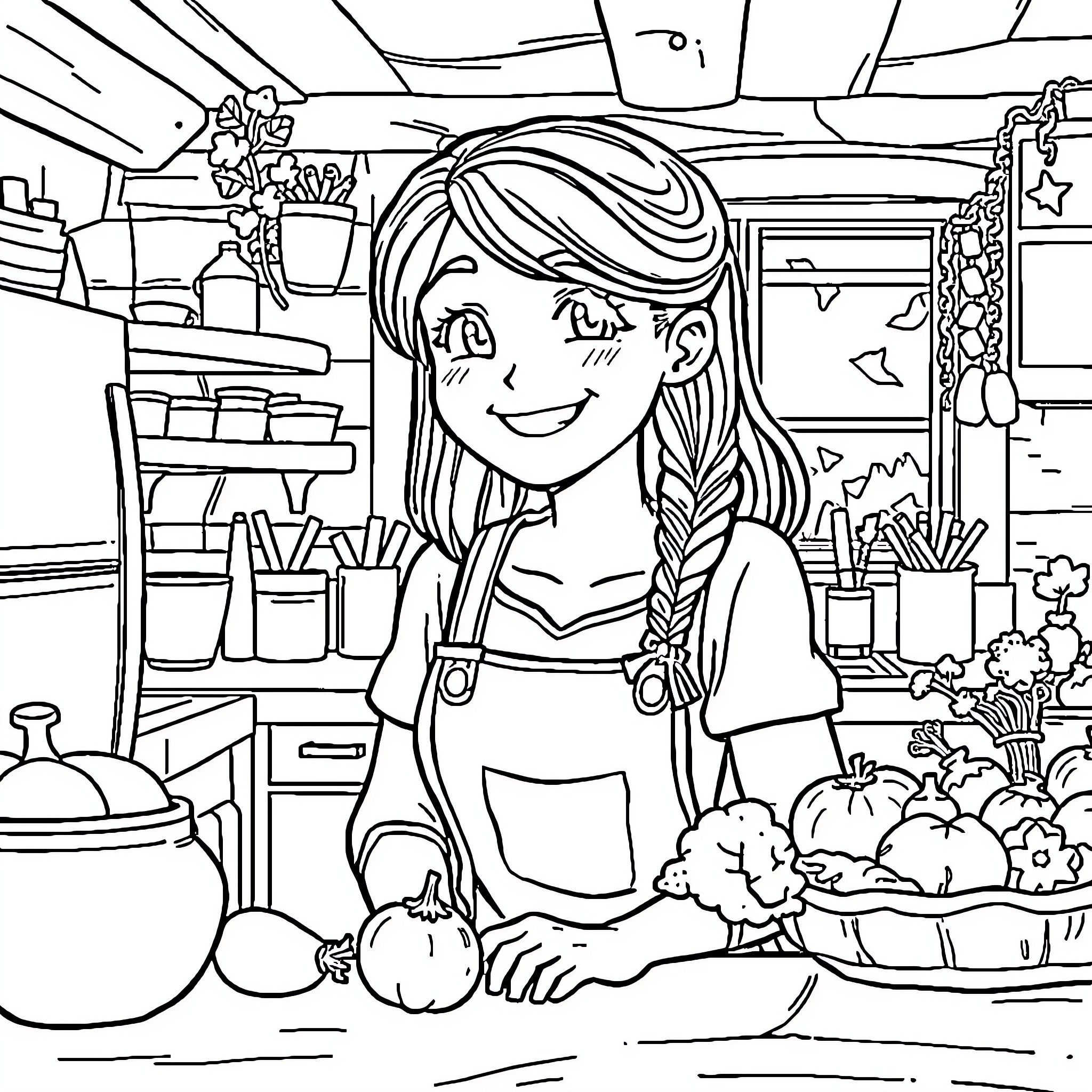 Jodi's Cheerful Kitchen Adventure Coloring Page (free black-and-white line drawing printable PDF for all, from beginners to advanced learners, including children, teens, adults, and seniors)