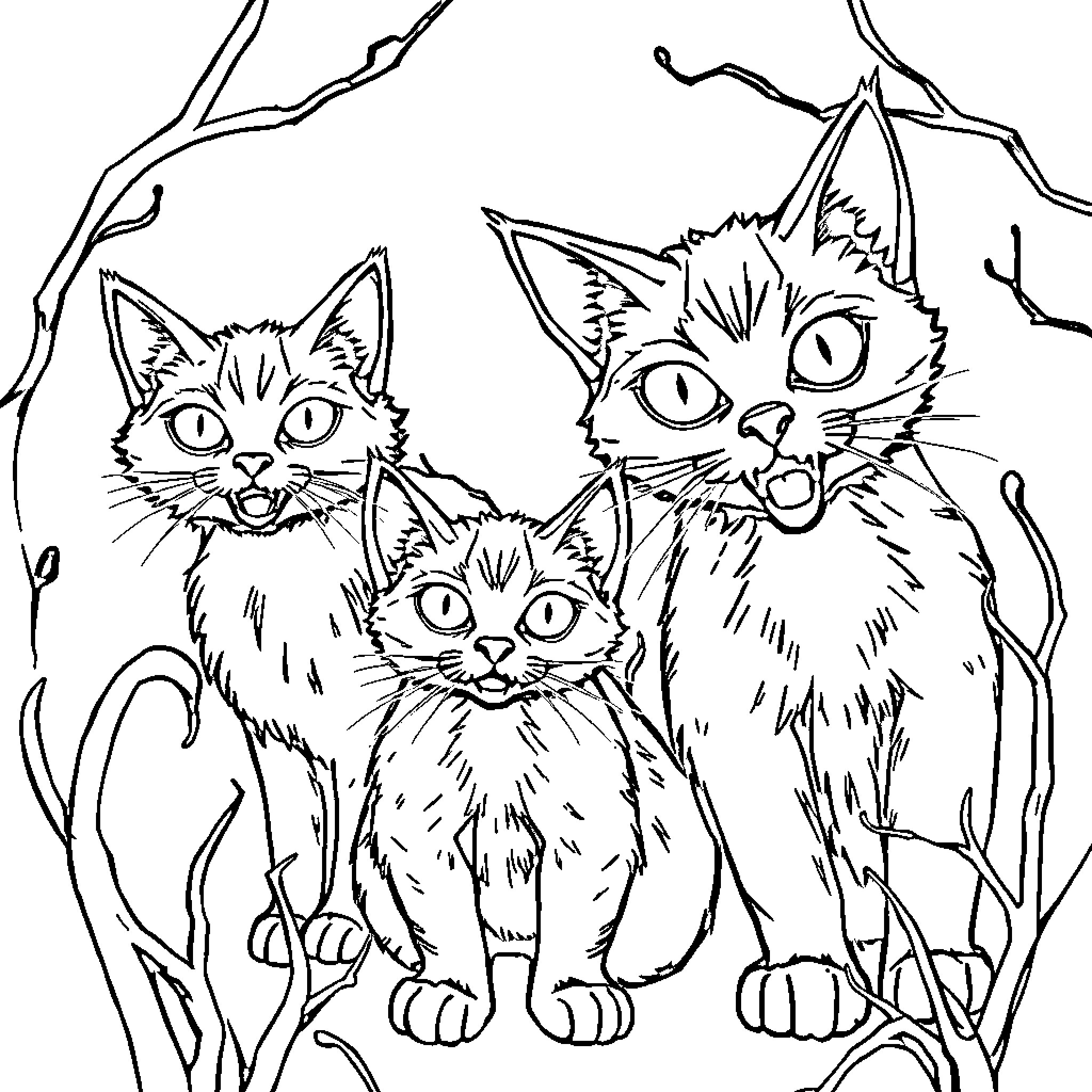 Cat trio on the prowl in wild landscape Coloring Page (free black-and-white line drawing printable PDF for all, from beginners to advanced learners, including children, teens, adults, and seniors)