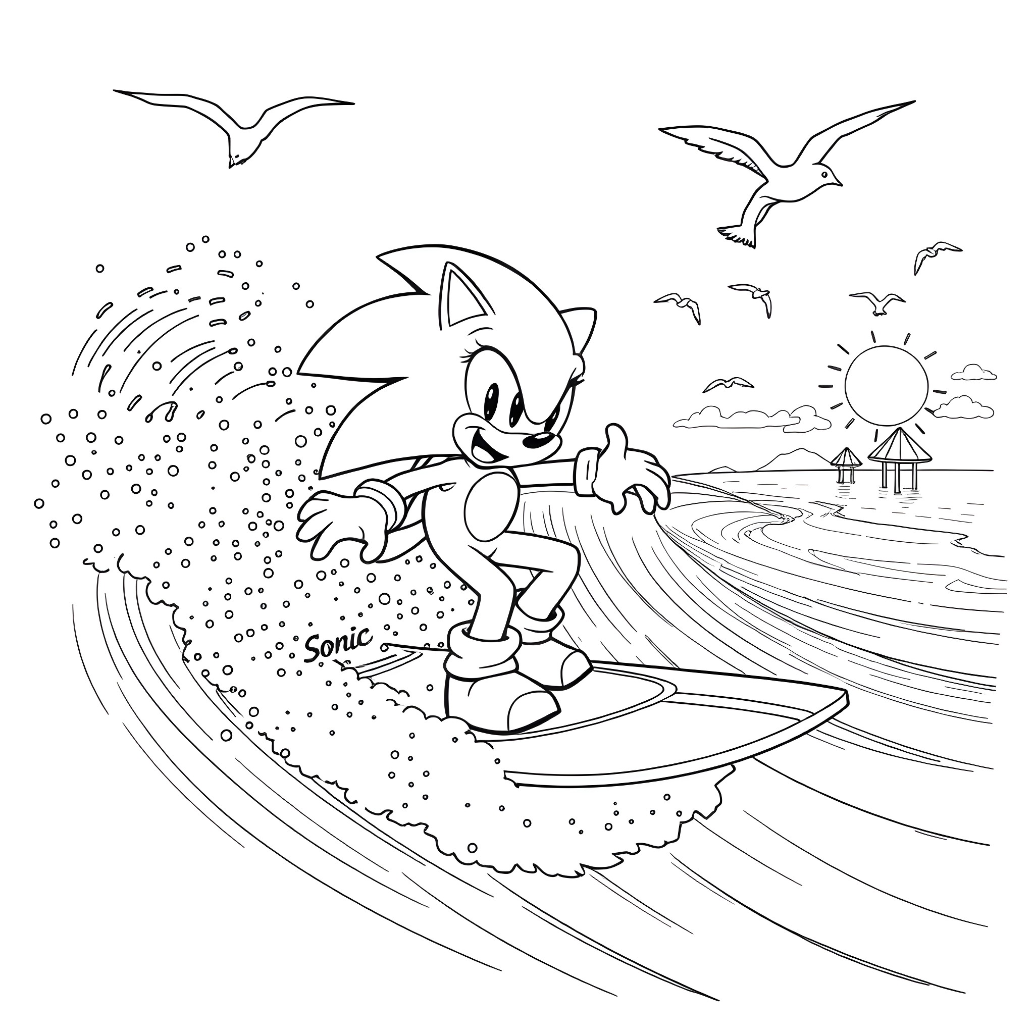 Sonic surfing through the waves with seagulls Coloring Page (free black-and-white line drawing printable PDF for all, from beginners to advanced learners, including children, teens, adults, and seniors)