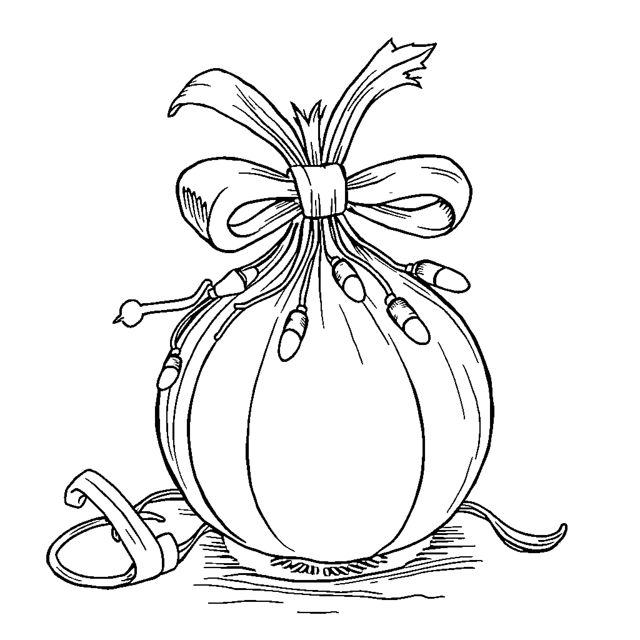 Onion with decorative ribbon and bulbs Coloring Page (free black-and-white line drawing printable PDF for all, from beginners to advanced learners, including children, teens, adults, and seniors)
