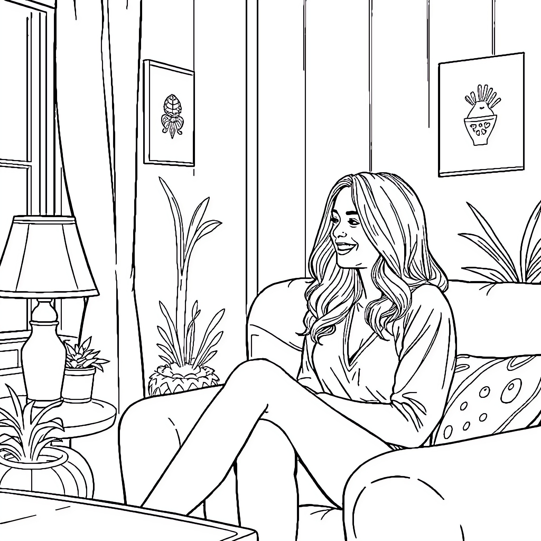 Margot Robbie relaxing in a cozy indoor setting Coloring Page (free black-and-white line drawing printable PDF for all, from beginners to advanced learners, including children, teens, adults, and seniors)