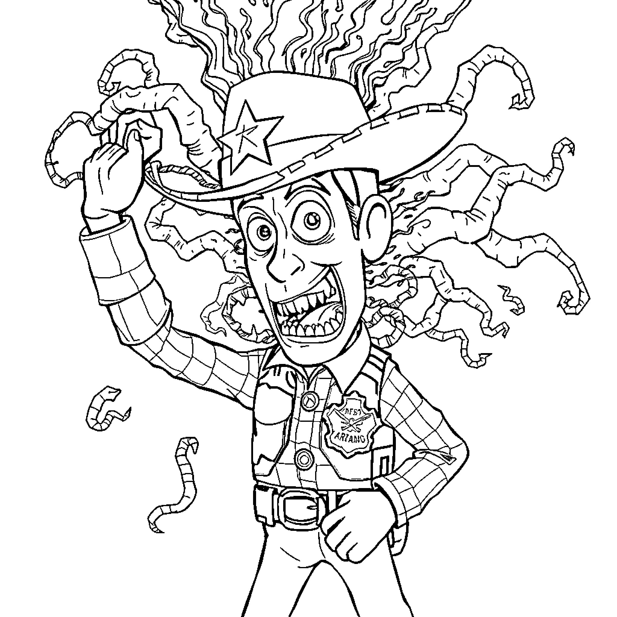 Woody's Zany Antics in Cartoon Chaos Coloring Page (free black-and-white line drawing printable PDF for all, from beginners to advanced learners, including children, teens, adults, and seniors)