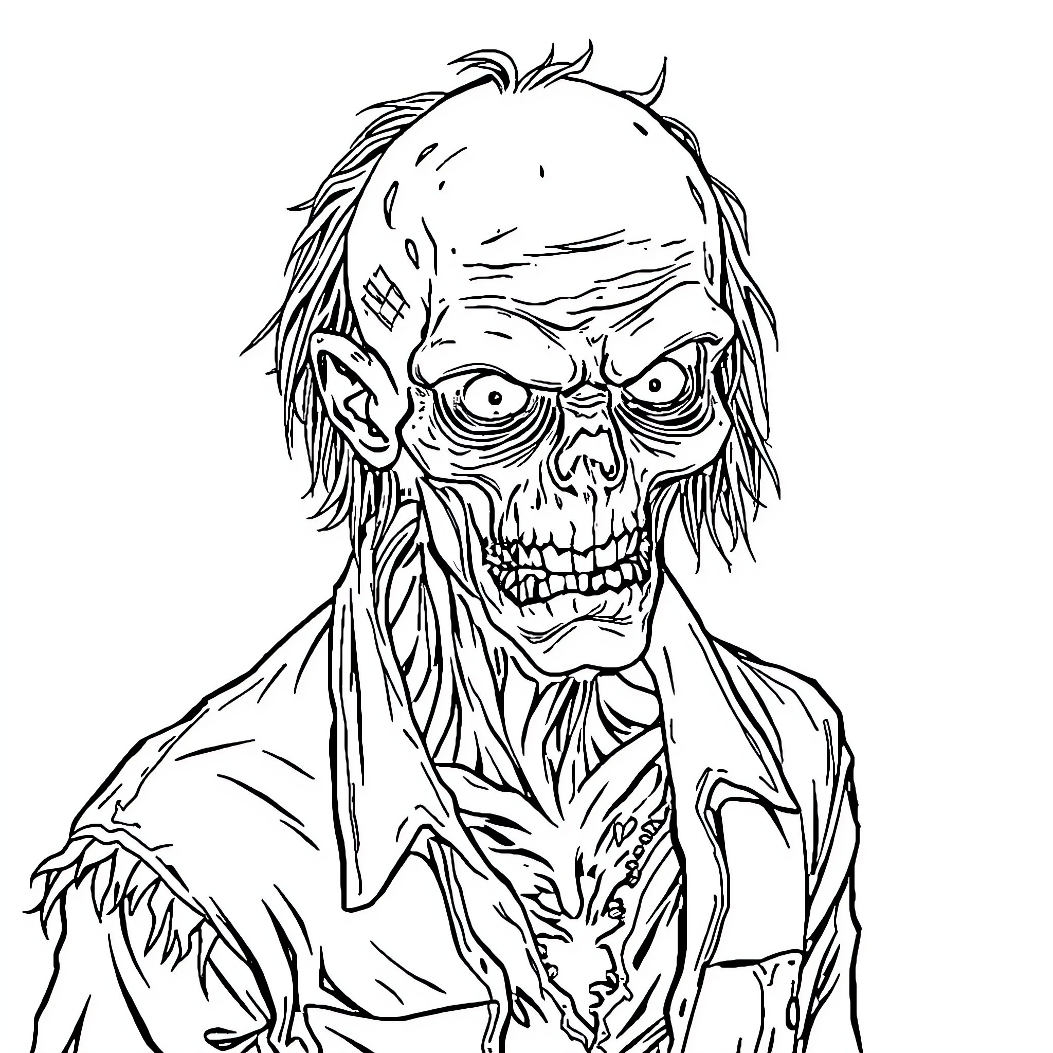 Zombie with gruesome expression and tattered clothing Coloring Page (free black-and-white line drawing printable PDF for all, from beginners to advanced learners, including children, teens, adults, and seniors)