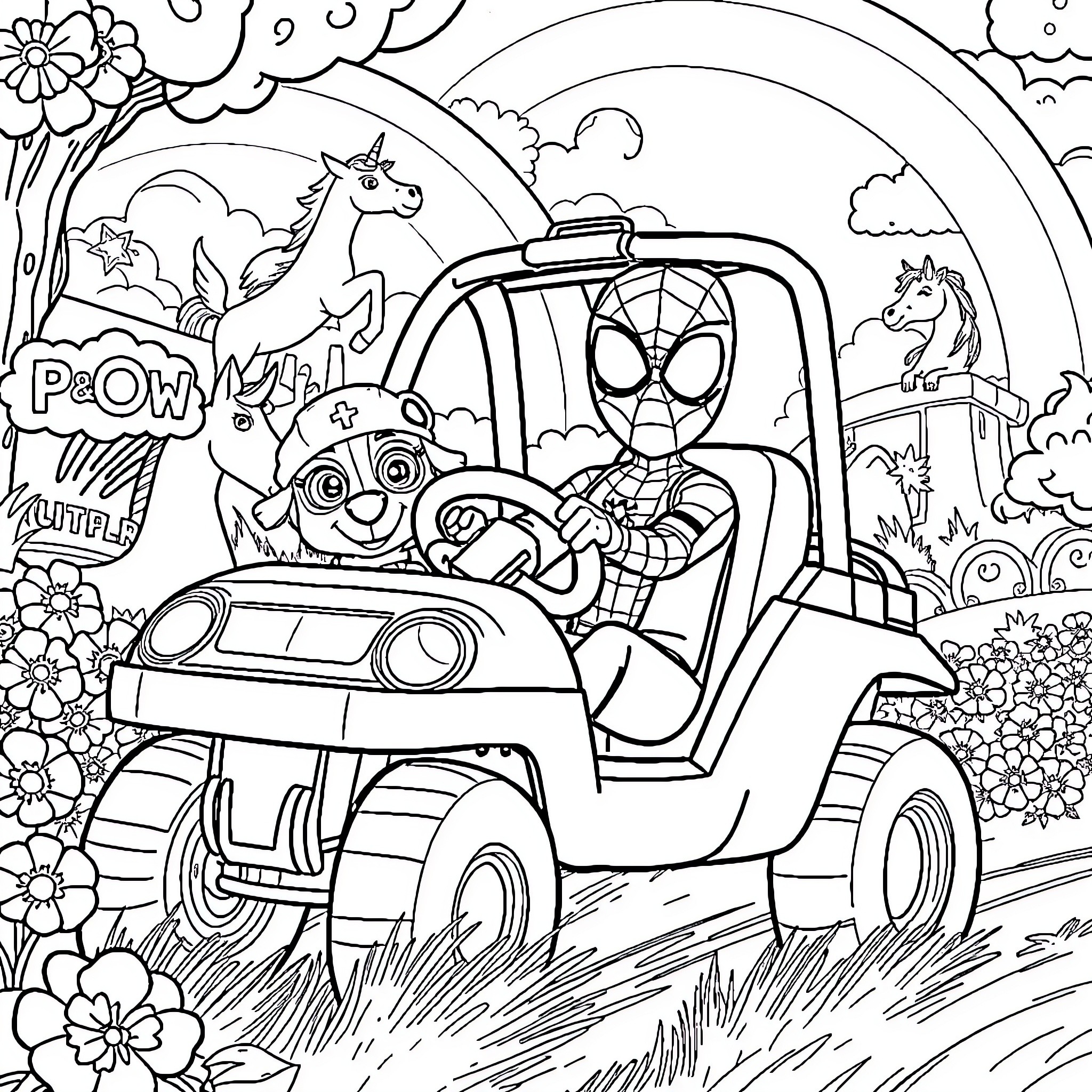 Spider-Man's Magical Adventure in a Whimsical World Coloring Page (free black-and-white line drawing printable PDF for all, from beginners to advanced learners, including children, teens, adults, and seniors)
