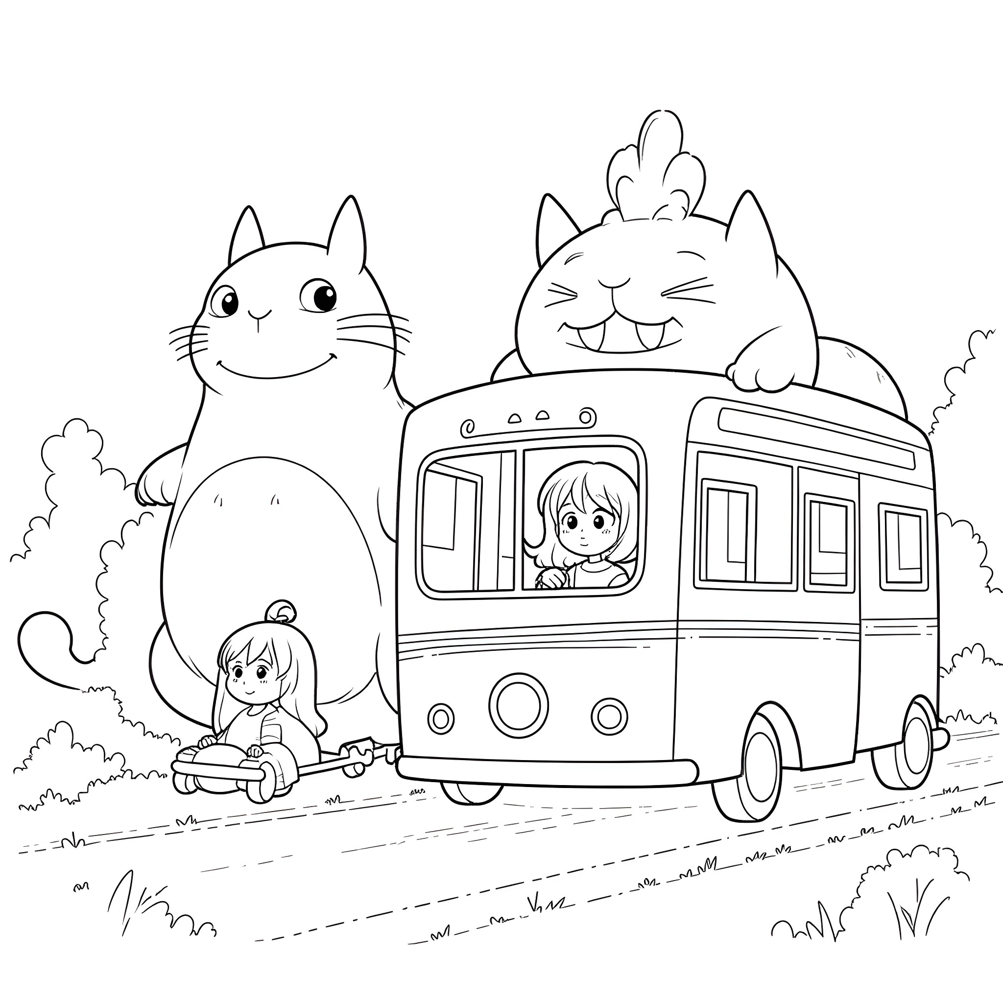 Cat Bus with Curious Children Aboard Coloring Page (free black-and-white line drawing printable PDF for all, from beginners to advanced learners, including children, teens, adults, and seniors)