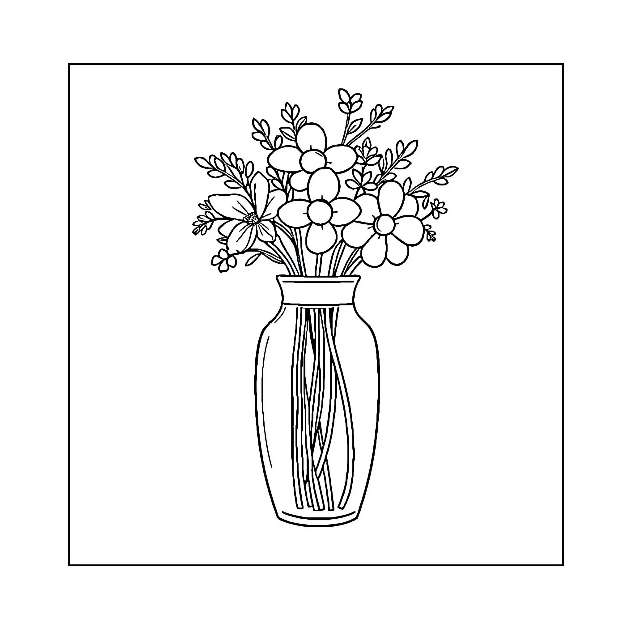 Vase of colorful floral arrangement Coloring Page (free black-and-white line drawing printable PDF for all, from beginners to advanced learners, including children, teens, adults, and seniors)