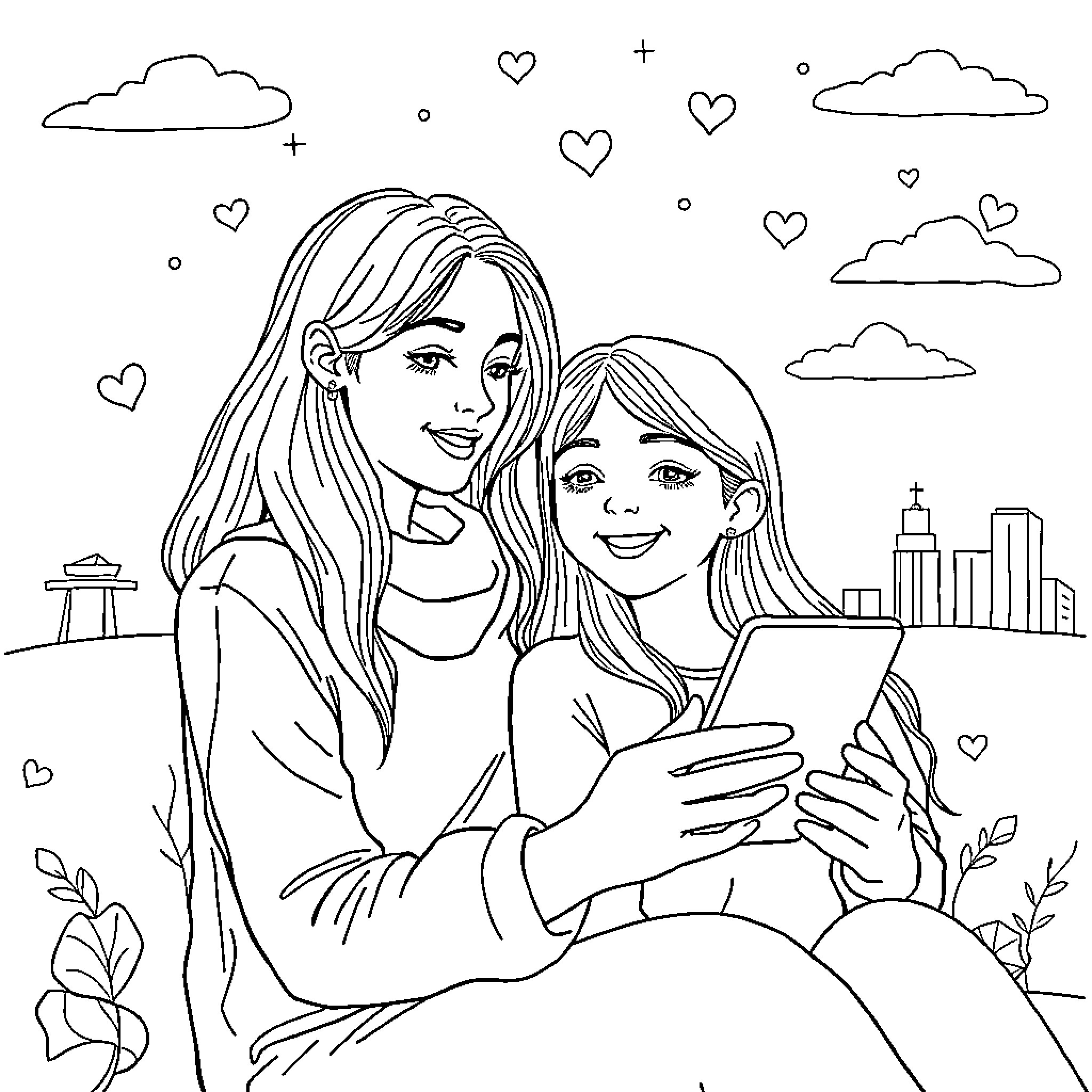 Girlfriend's Joyful Moments with her Companion Coloring Page (free black-and-white line drawing printable PDF for all, from beginners to advanced learners, including children, teens, adults, and seniors)