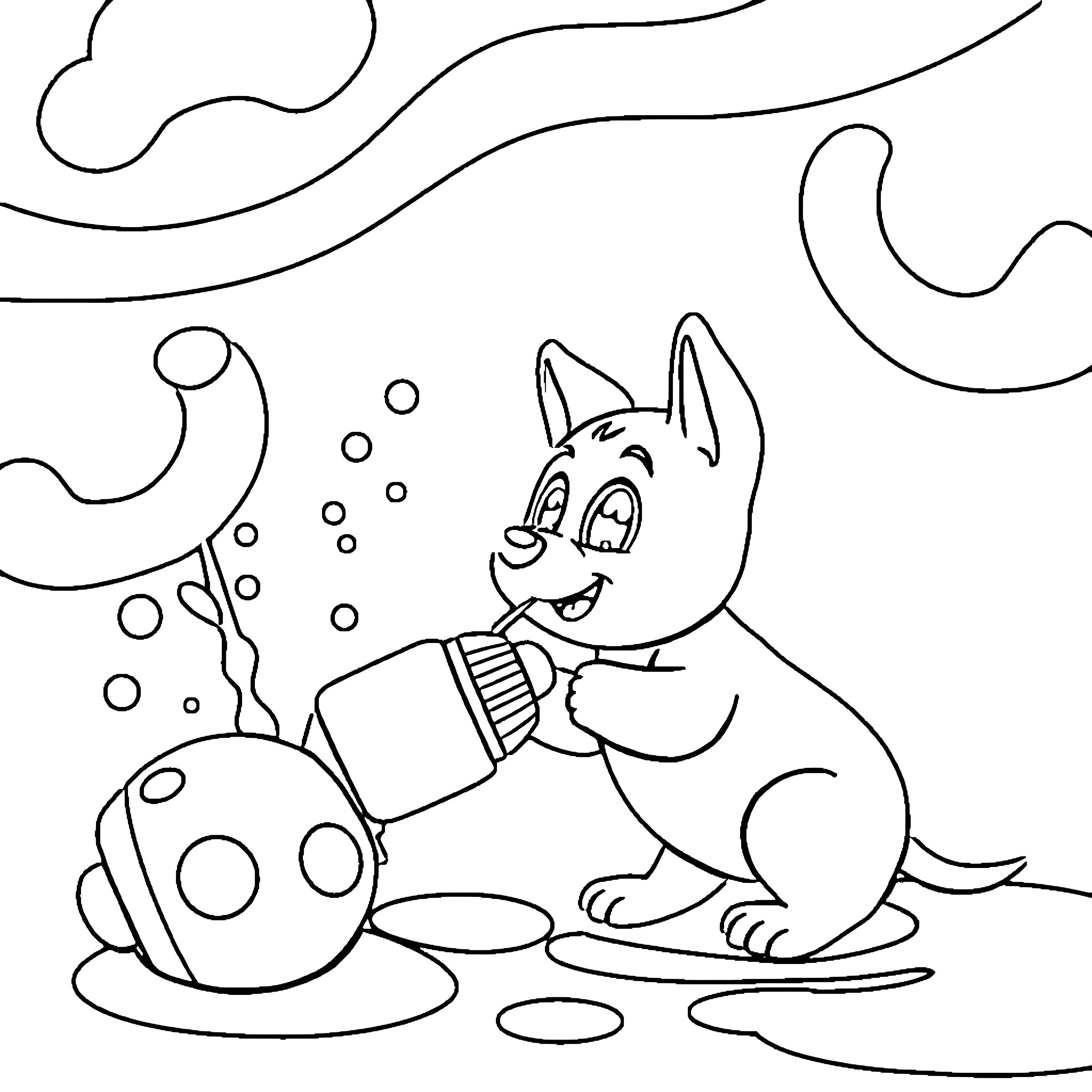 Bluey playing happily with bubbles in the park Coloring Page (free black-and-white line drawing printable PDF for all, from beginners to advanced learners, including children, teens, adults, and seniors)