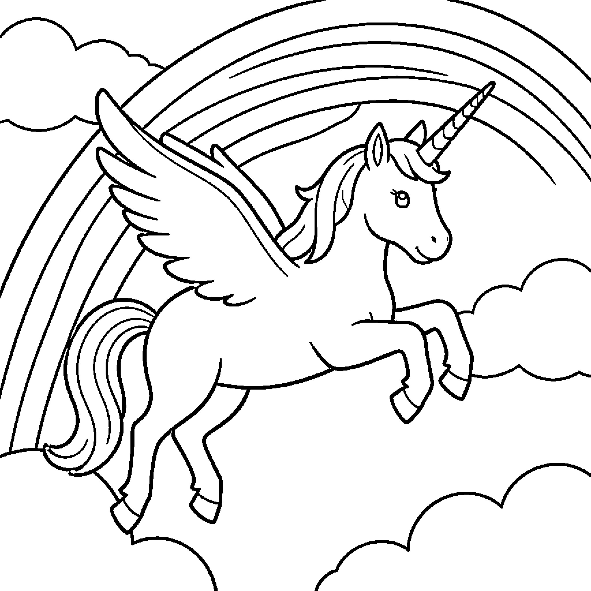 Unicorn flying joyfully through clouds and rainbows Coloring Page (free black-and-white line drawing printable PDF for all, from beginners to advanced learners, including children, teens, adults, and seniors)