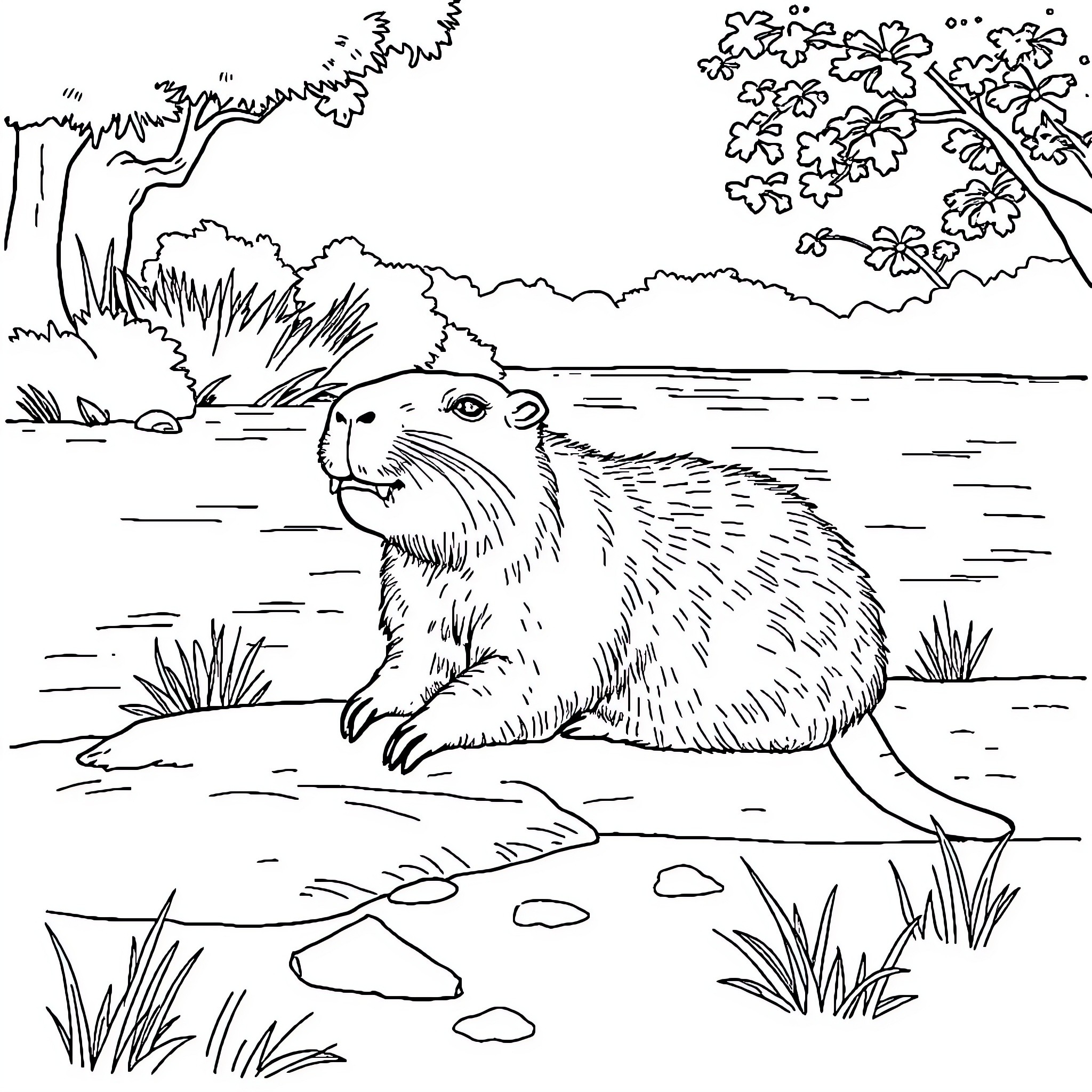 Capybara enjoying nature near the lake Coloring Page (free black-and-white line drawing printable PDF for all, from beginners to advanced learners, including children, teens, adults, and seniors)