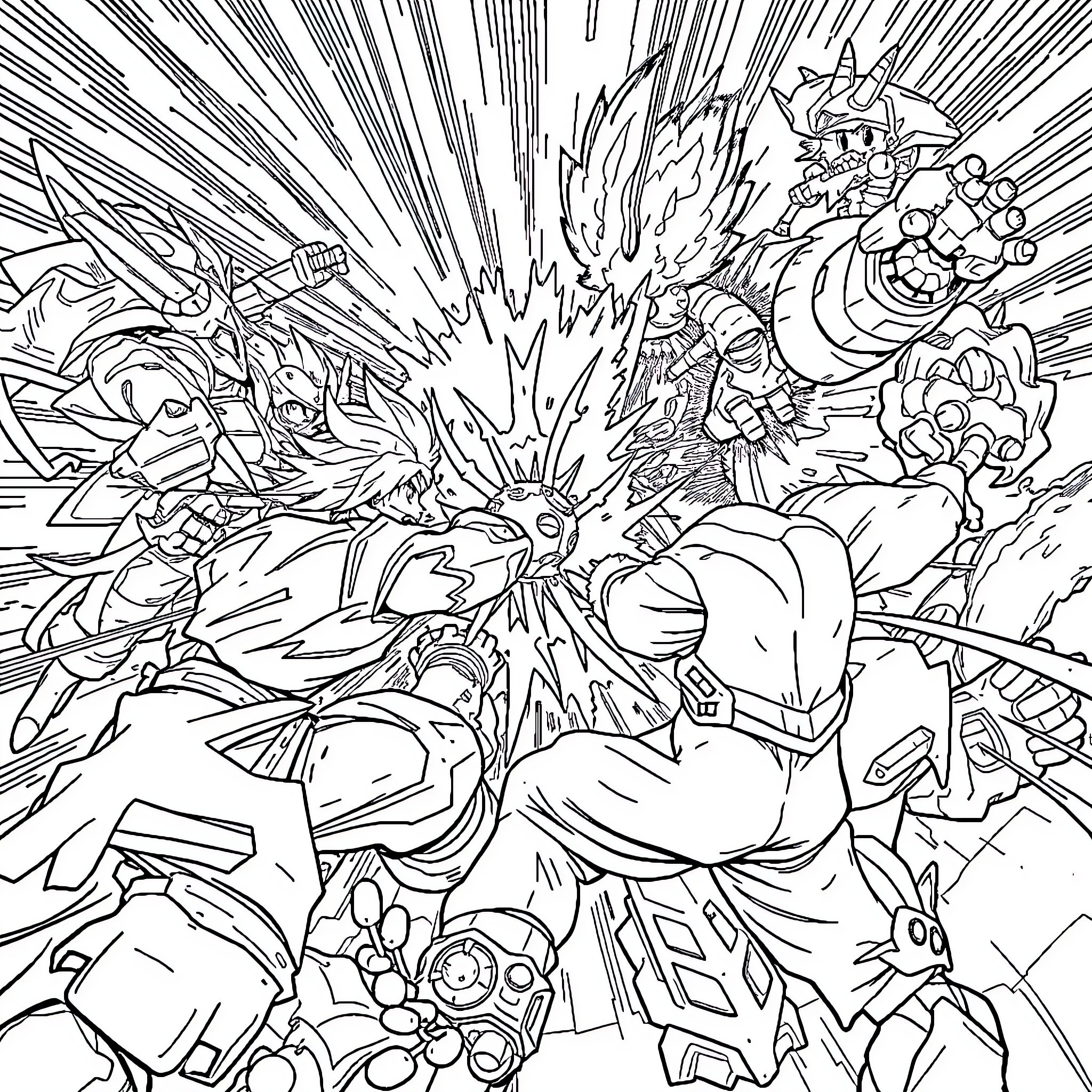 Anime Heroic Battle with Fierce Explosions Coloring Page (free black-and-white line drawing printable PDF for all, from beginners to advanced learners, including children, teens, adults, and seniors)