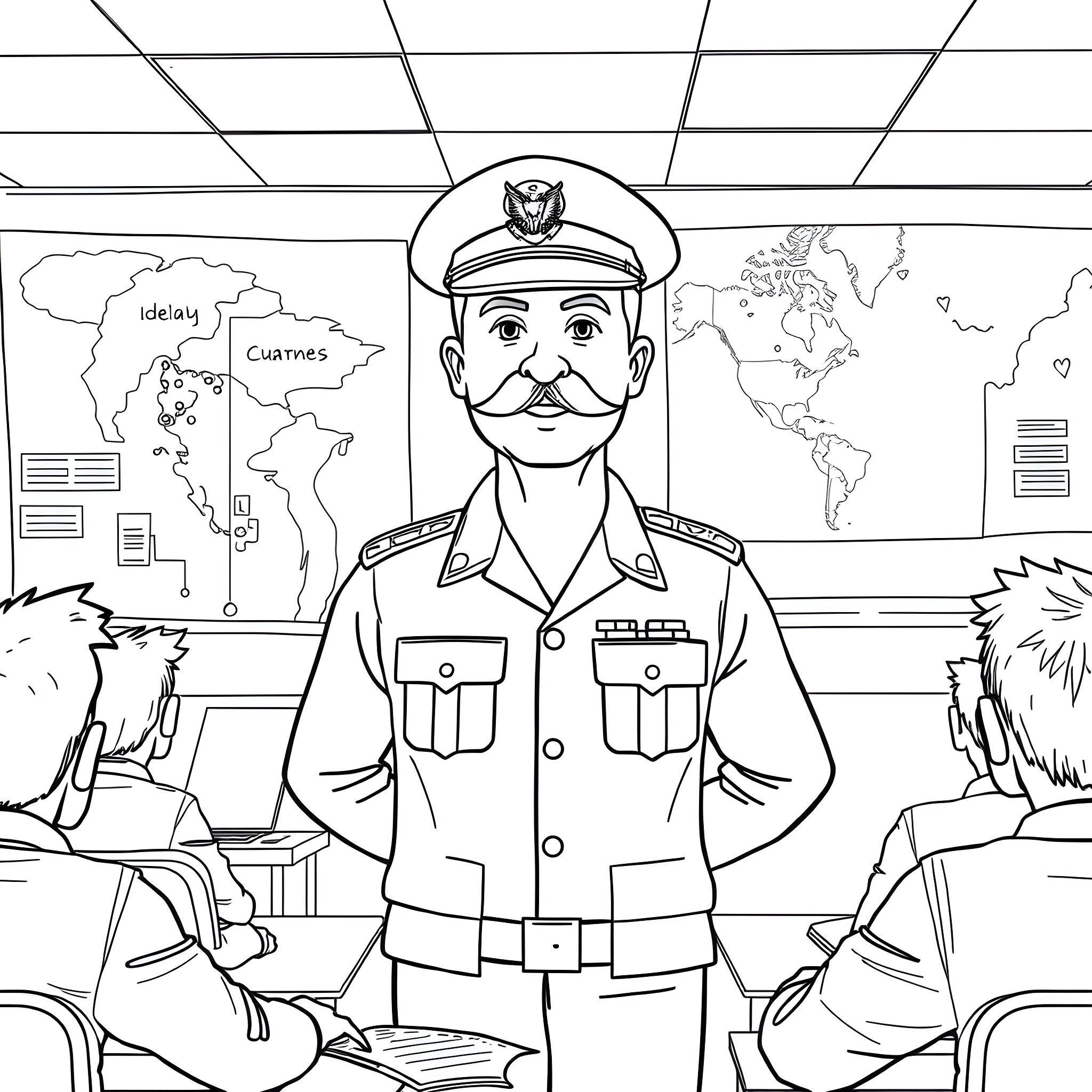 Military Member Supervising Training in Classroom Coloring Page (free black-and-white line drawing printable PDF for all, from beginners to advanced learners, including children, teens, adults, and seniors)