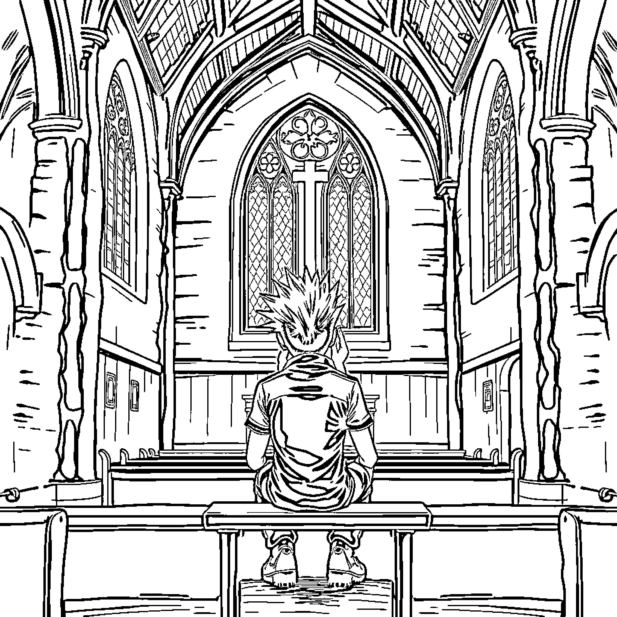 Punk Rocker Sits Solemnly in Gothic Cathedral Coloring Page (free black-and-white line drawing printable PDF for all, from beginners to advanced learners, including children, teens, adults, and seniors)