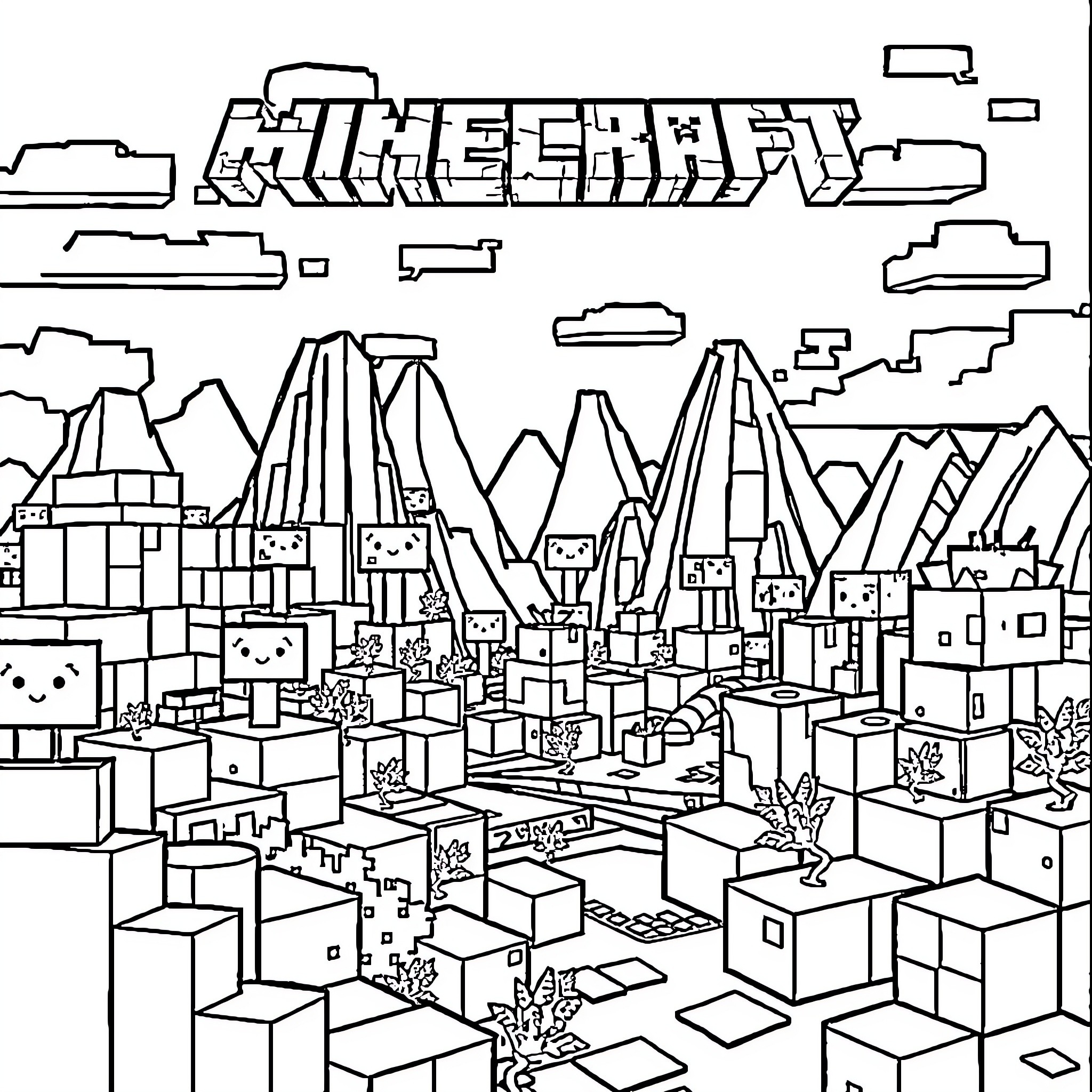 Minecraft world with mountains, trees, and buildings Coloring Page (free black-and-white line drawing printable PDF for all, from beginners to advanced learners, including children, teens, adults, and seniors)
