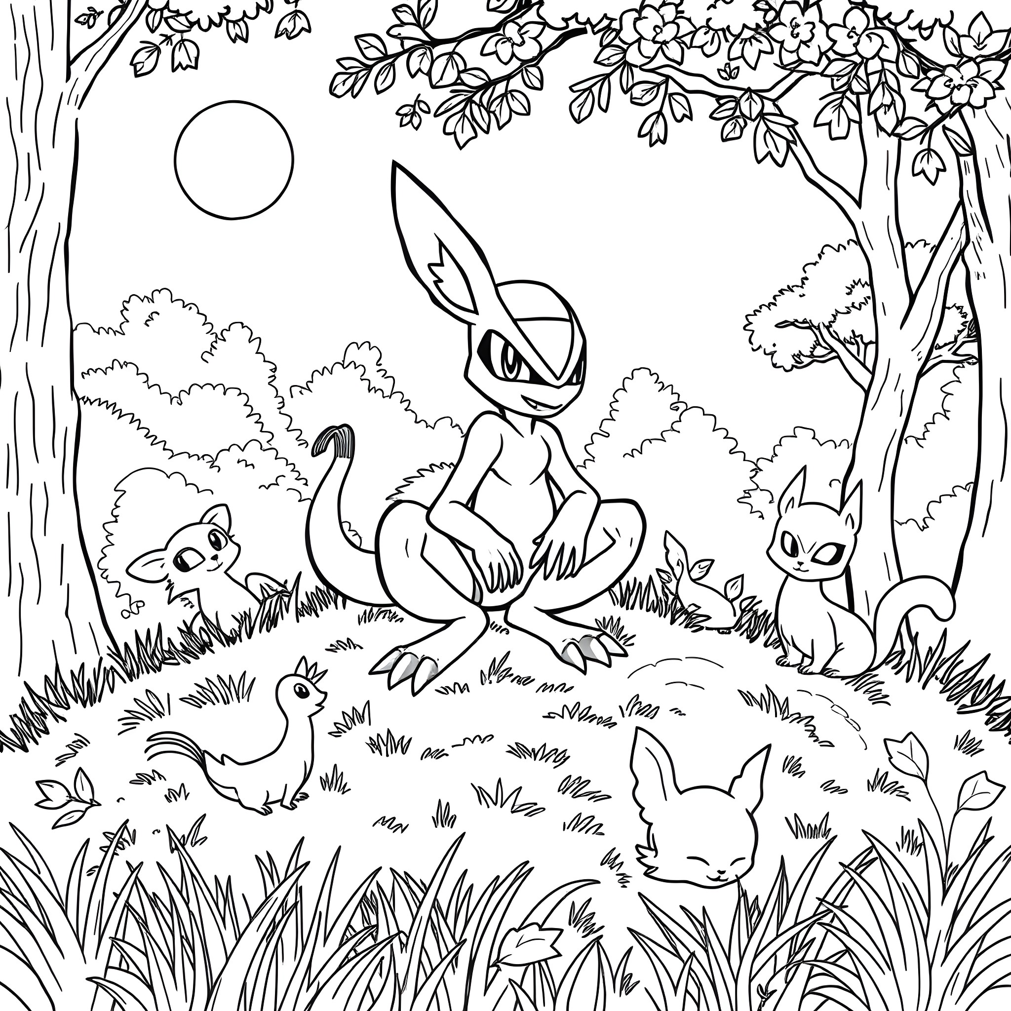 Greninja in the Enchanted Forest Coloring Page (free black-and-white line drawing printable PDF for all, from beginners to advanced learners, including children, teens, adults, and seniors)