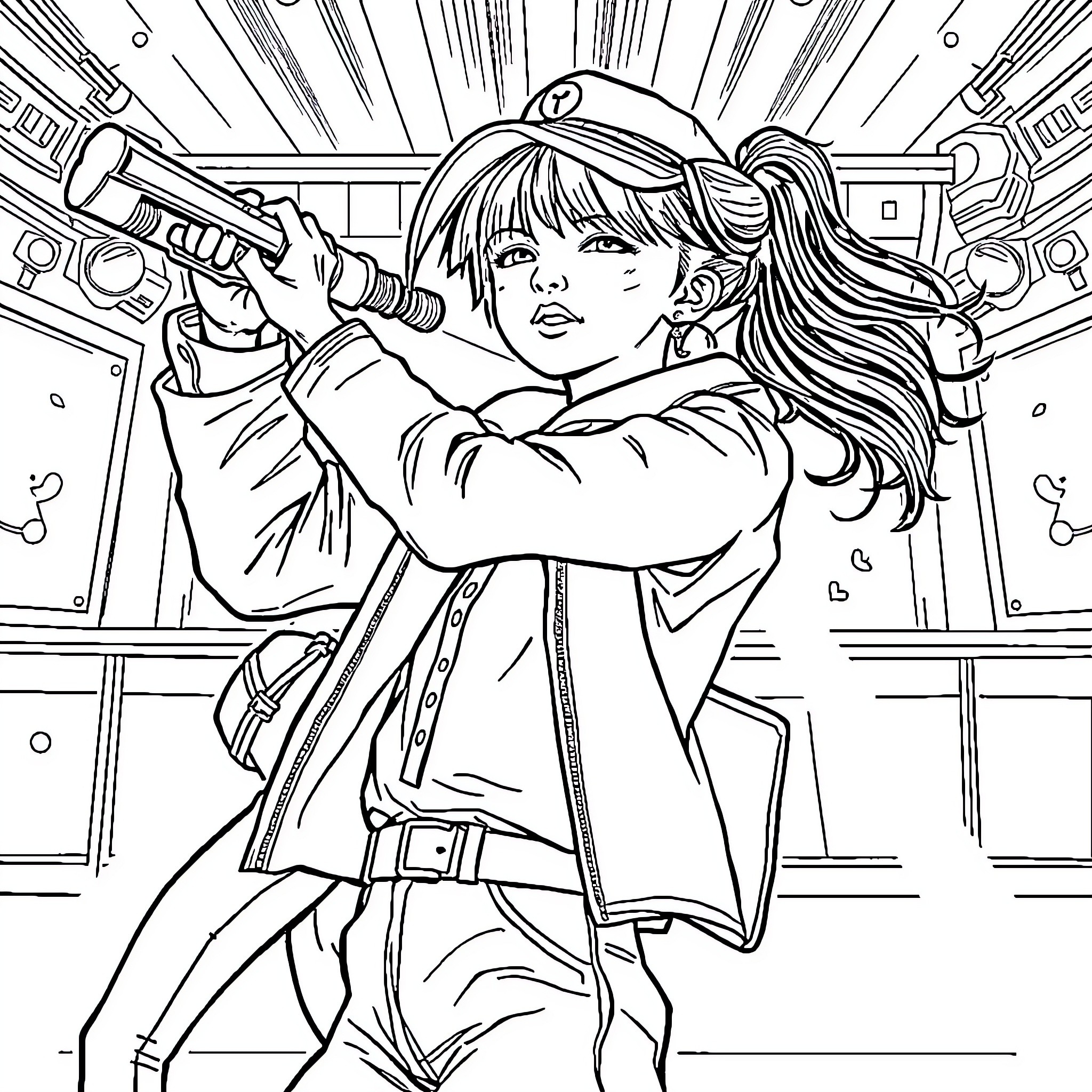 Kpop Hunter battles enemies with futuristic weapon Coloring Page (free black-and-white line drawing printable PDF for all, from beginners to advanced learners, including children, teens, adults, and seniors)