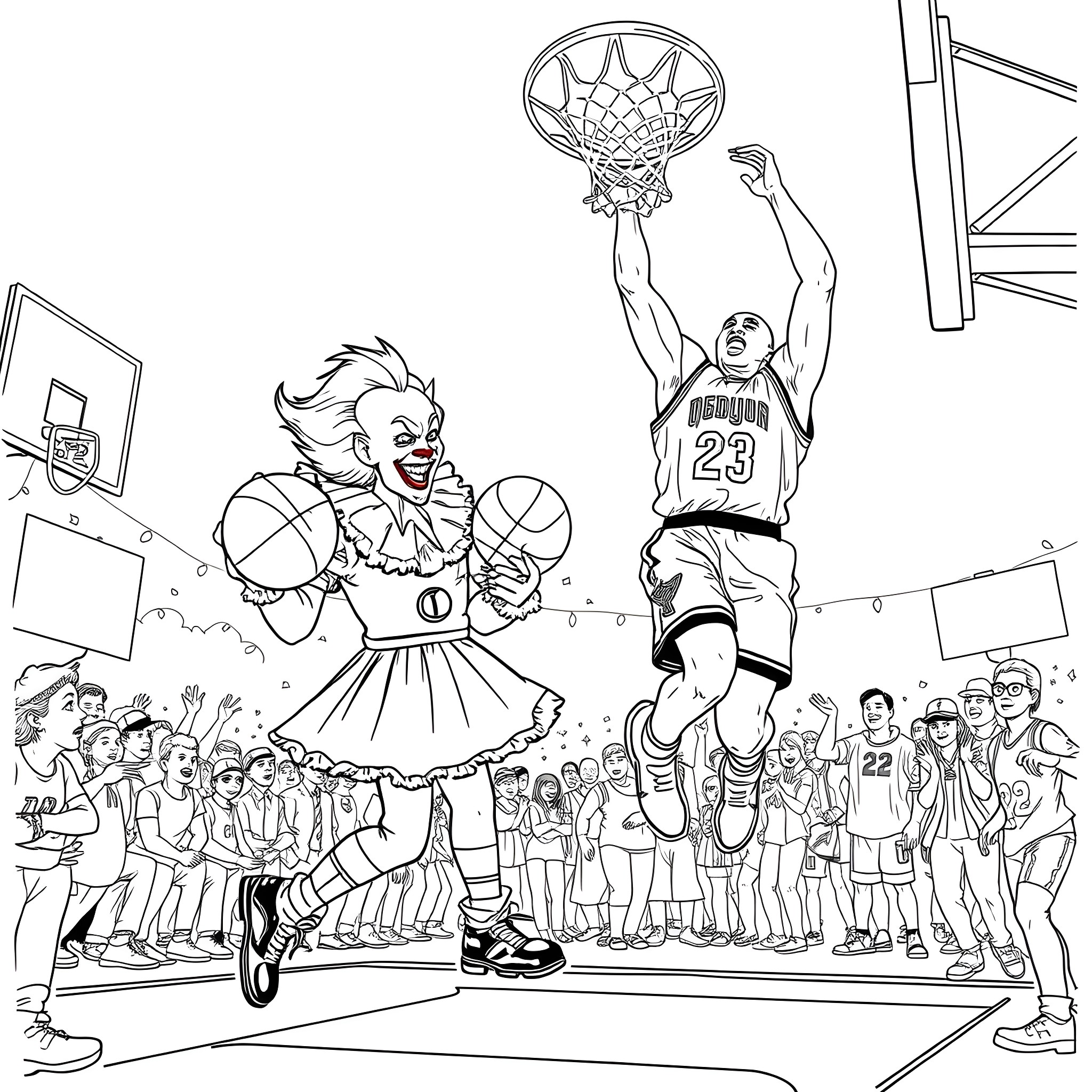 Pennywise the Clown's Terrifying Basketball Challenge Coloring Page (free black-and-white line drawing printable PDF for all, from beginners to advanced learners, including children, teens, adults, and seniors)