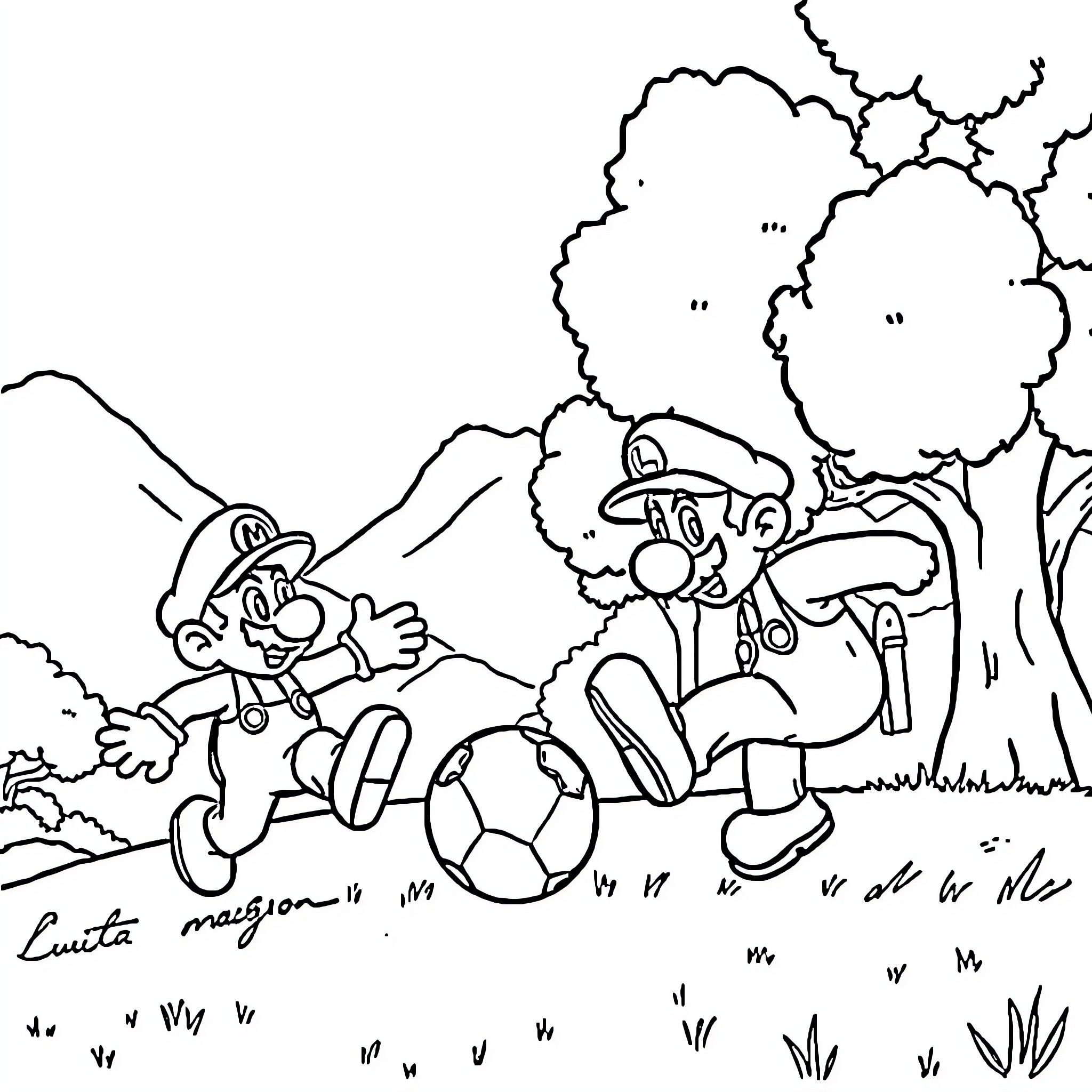 Mario and Luigi playing soccer in the countryside Coloring Page (free black-and-white line drawing printable PDF for all, from beginners to advanced learners, including children, teens, adults, and seniors)