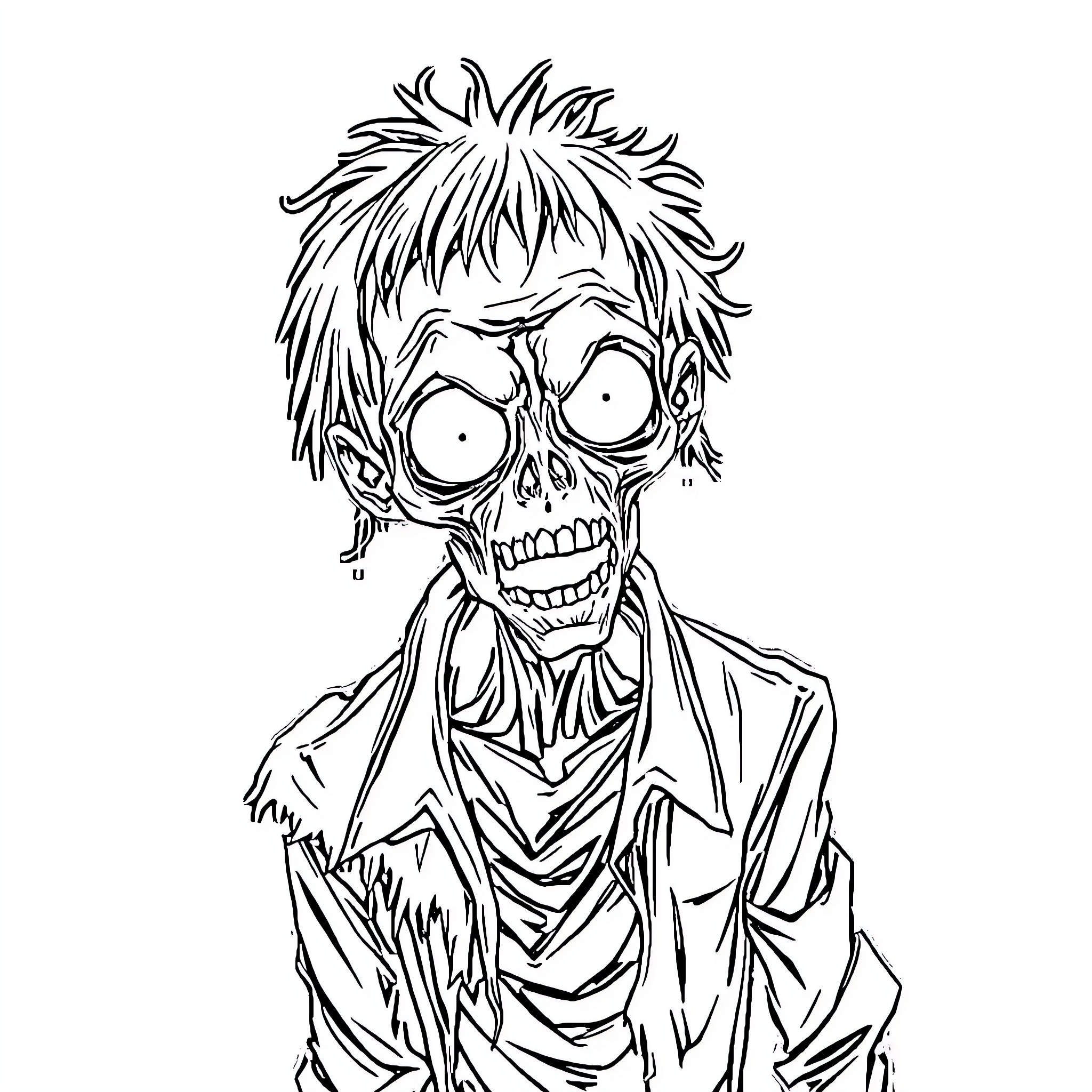 Zombie with wild, unkempt hair and unsettling expression Coloring Page (free black-and-white line drawing printable PDF for all, from beginners to advanced learners, including children, teens, adults, and seniors)