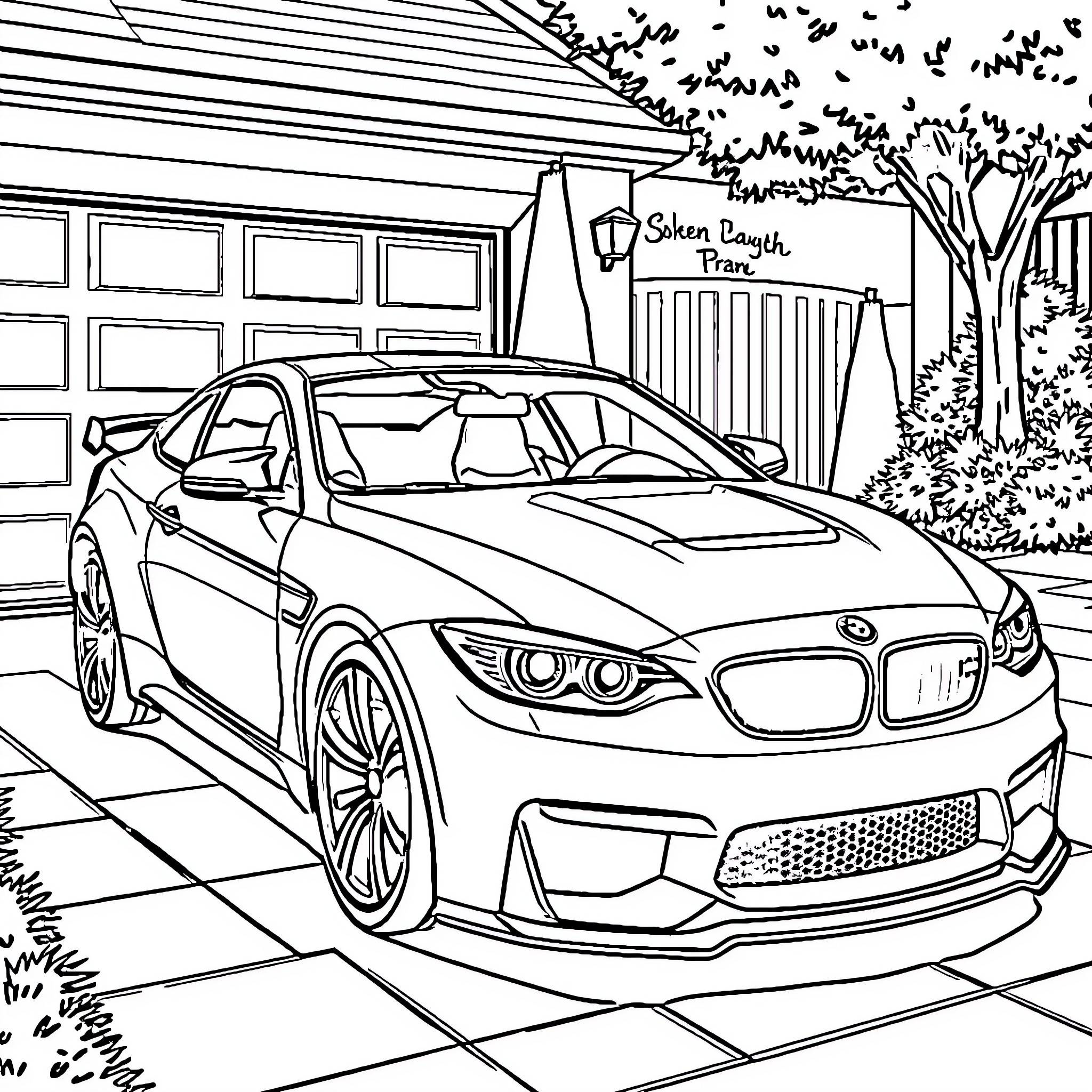 Car on the street in a residential neighborhood Coloring Page (free black-and-white line drawing printable PDF for all, from beginners to advanced learners, including children, teens, adults, and seniors)
