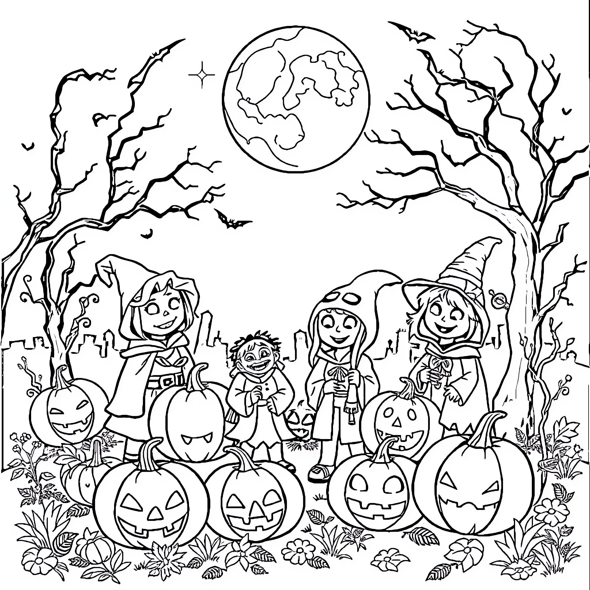 Halloween scene with whimsical characters and pumpkins Coloring Page (free black-and-white line drawing printable PDF for all, from beginners to advanced learners, including children, teens, adults, and seniors)