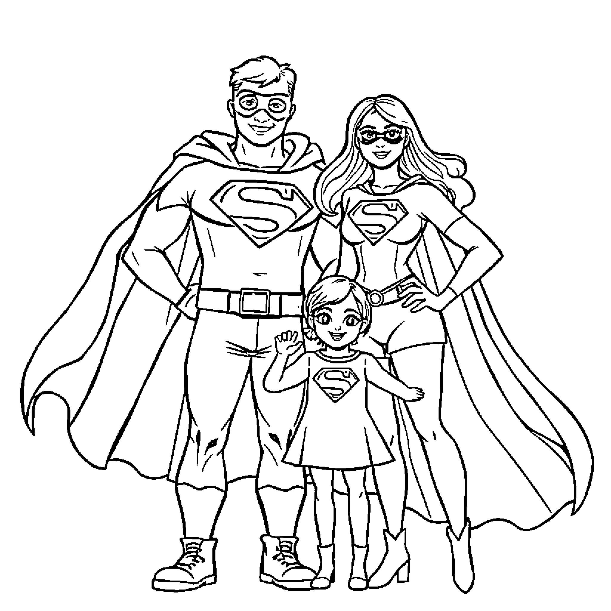 Superhero family in costume posing together Coloring Page (free black-and-white line drawing printable PDF for all, from beginners to advanced learners, including children, teens, adults, and seniors)