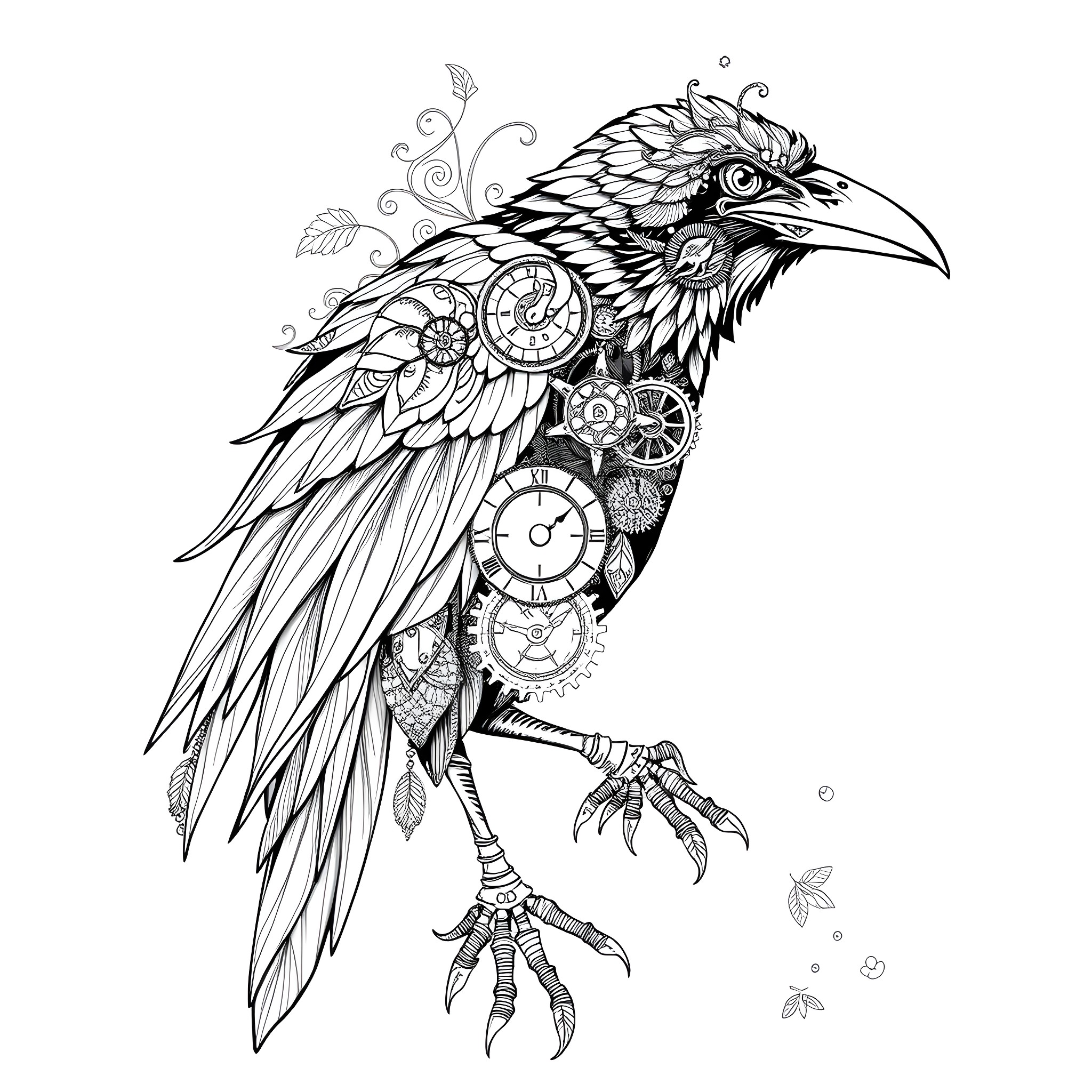 Raven with Intricate Mechanical Details Coloring Page (free black-and-white line drawing printable PDF for all, from beginners to advanced learners, including children, teens, adults, and seniors)