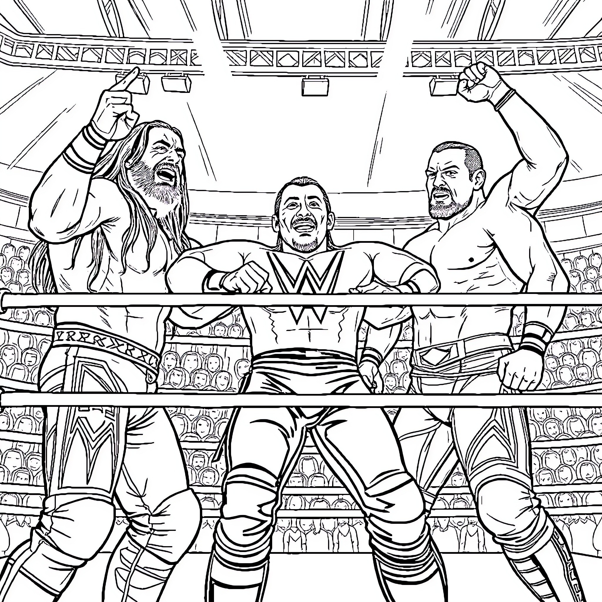 Wrestlers Engaged in Intense Competition in the Ring Coloring Page (free black-and-white line drawing printable PDF for all, from beginners to advanced learners, including children, teens, adults, and seniors)