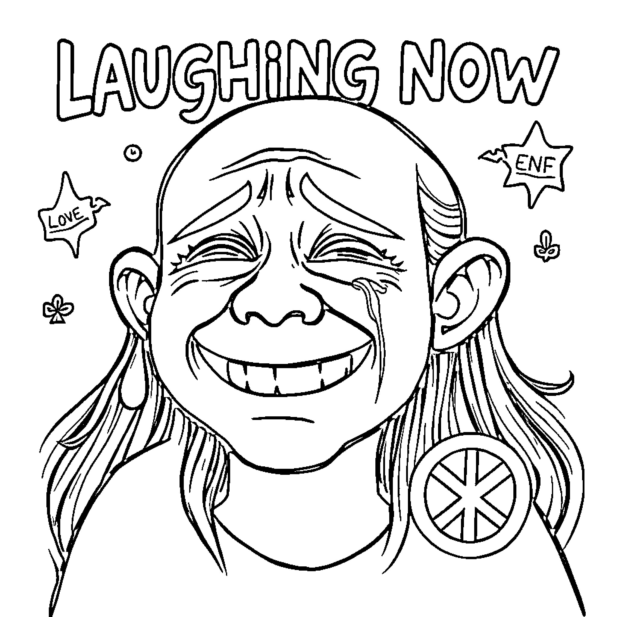 Laugh Now Cry Later - Exaggerated Facial Expression and Accessories Coloring Page (free black-and-white line drawing printable PDF for all, from beginners to advanced learners, including children, teens, adults, and seniors)