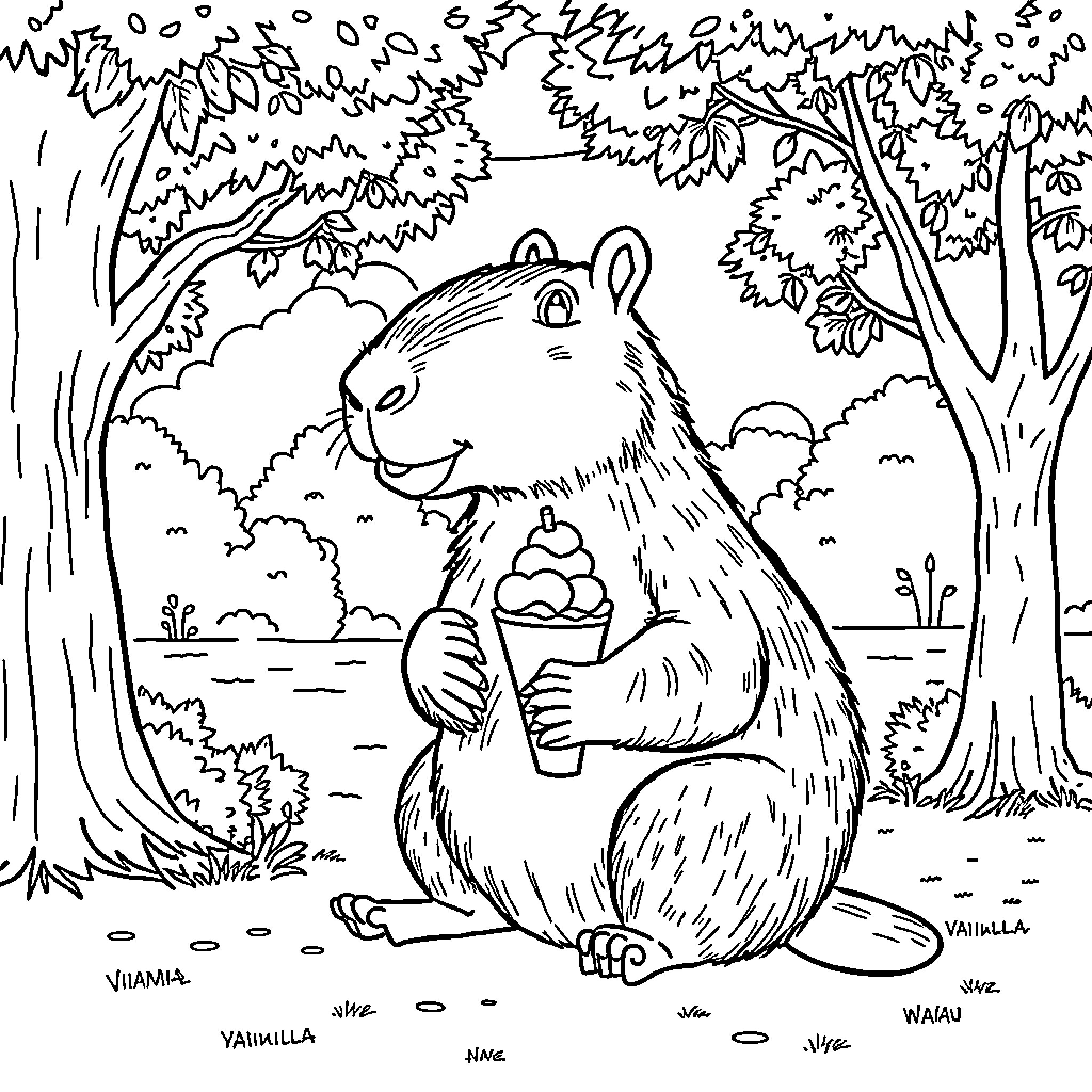 Capybara enjoying a frozen treat in the forest Coloring Page (free black-and-white line drawing printable PDF for all, from beginners to advanced learners, including children, teens, adults, and seniors)