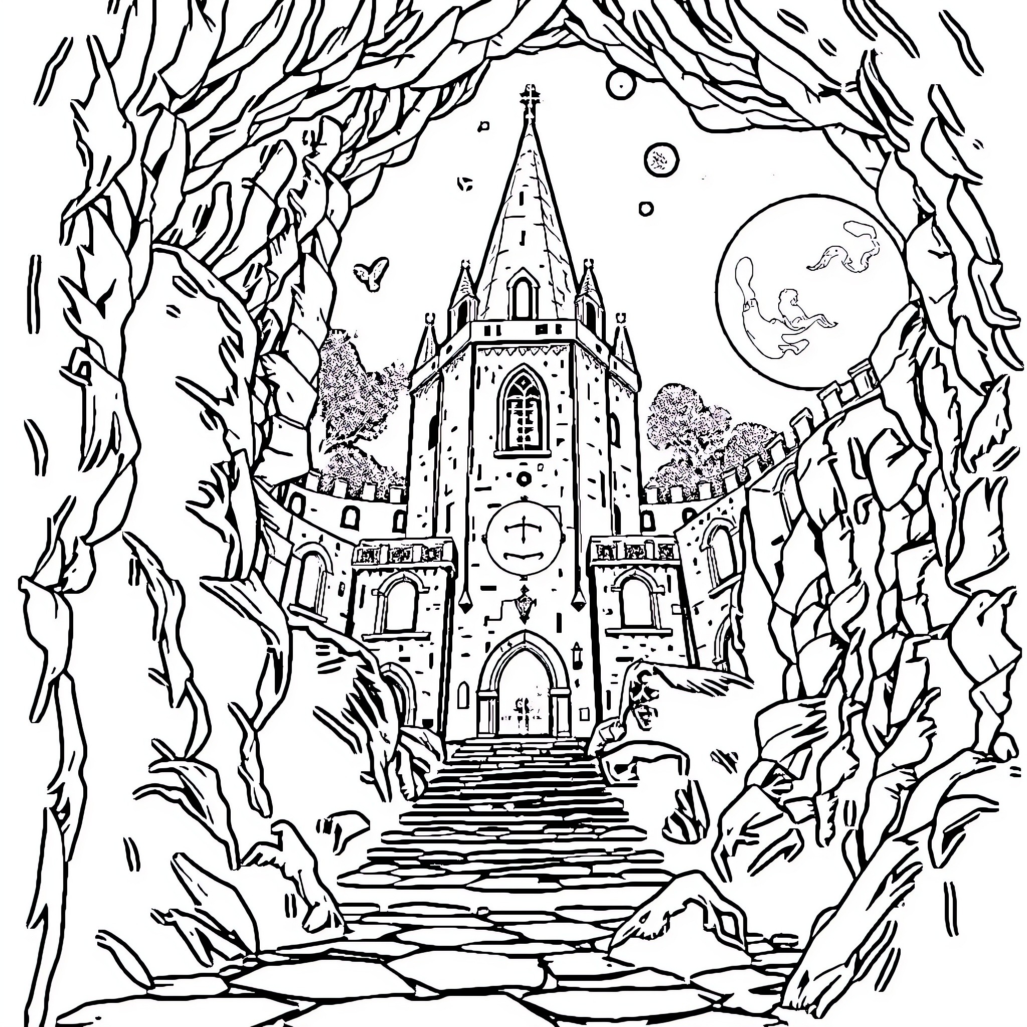 Candle-lit castle in enchanted forest Coloring Page (free black-and-white line drawing printable PDF for all, from beginners to advanced learners, including children, teens, adults, and seniors)