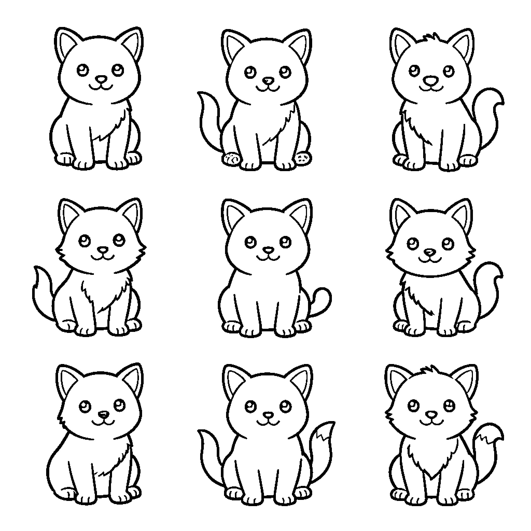 Animal kittens in various poses Coloring Page (free black-and-white line drawing printable PDF for all, from beginners to advanced learners, including children, teens, adults, and seniors)