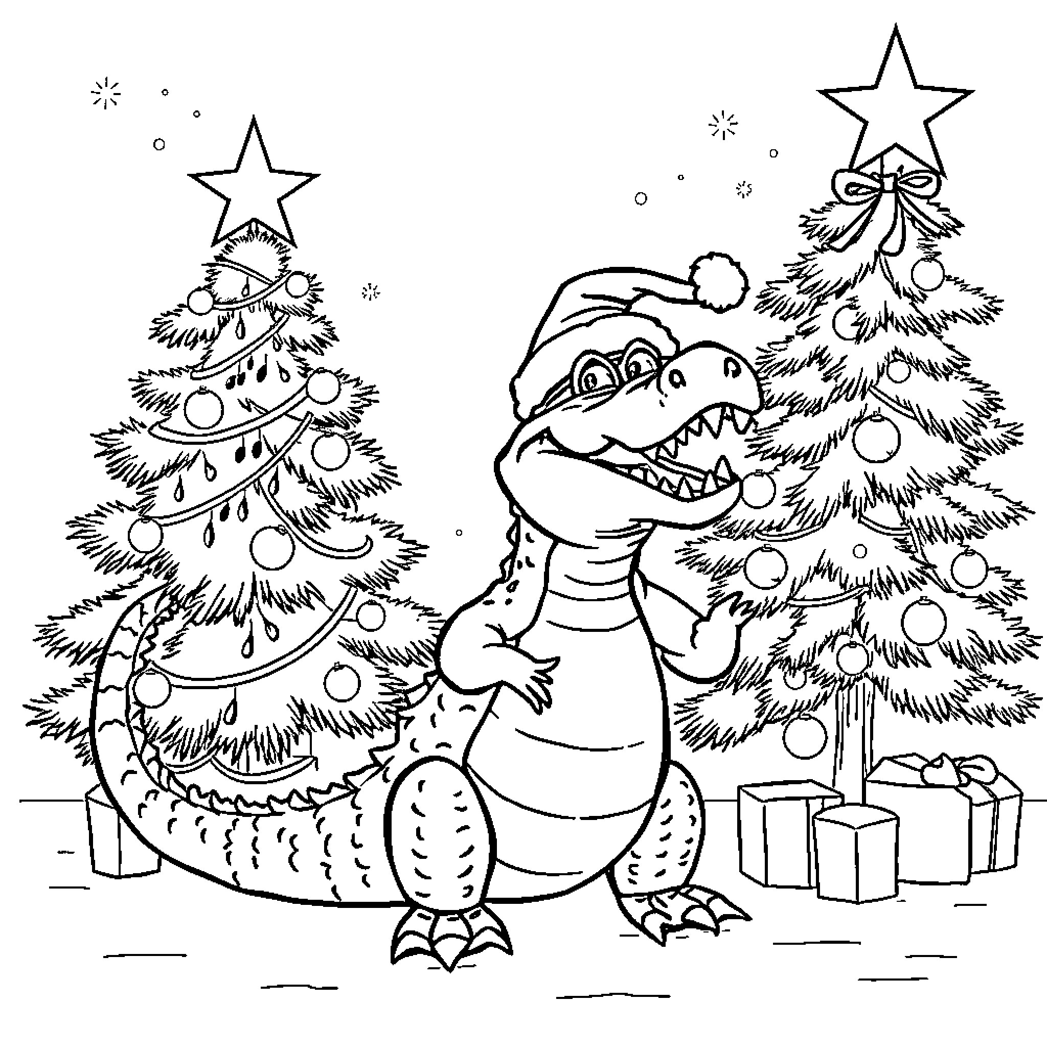 Crocodile celebrates Christmas with decorated trees Coloring Page (free black-and-white line drawing printable PDF for all, from beginners to advanced learners, including children, teens, adults, and seniors)