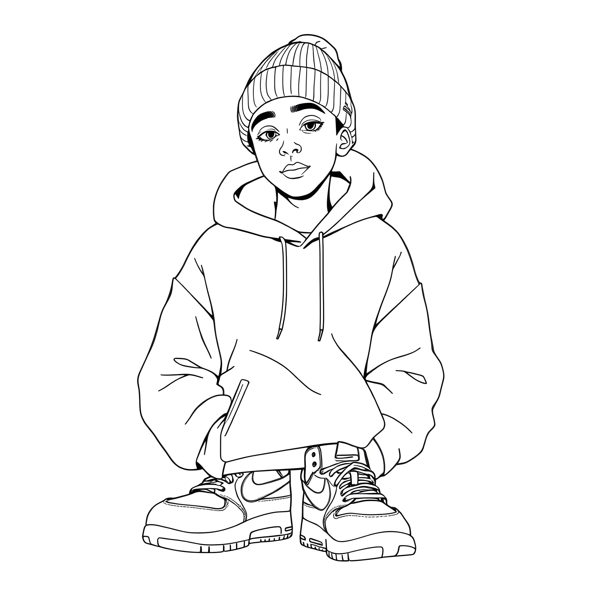 Young Adult in Casual Winter Outfit Coloring Page (free black-and-white line drawing printable PDF for all, from beginners to advanced learners, including children, teens, adults, and seniors)