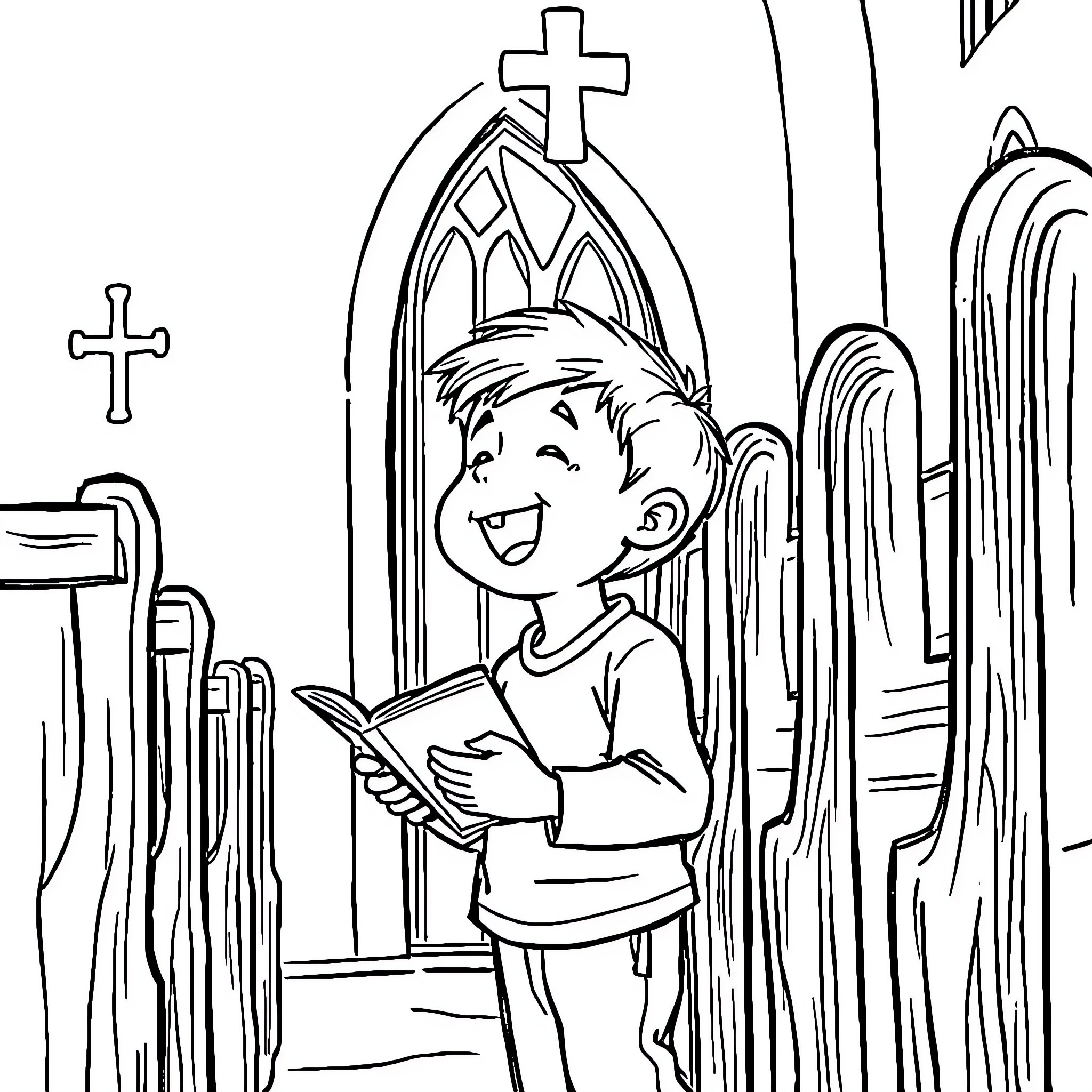 Boy joyfully reading in a church Coloring Page (free black-and-white line drawing printable PDF for all, from beginners to advanced learners, including children, teens, adults, and seniors)