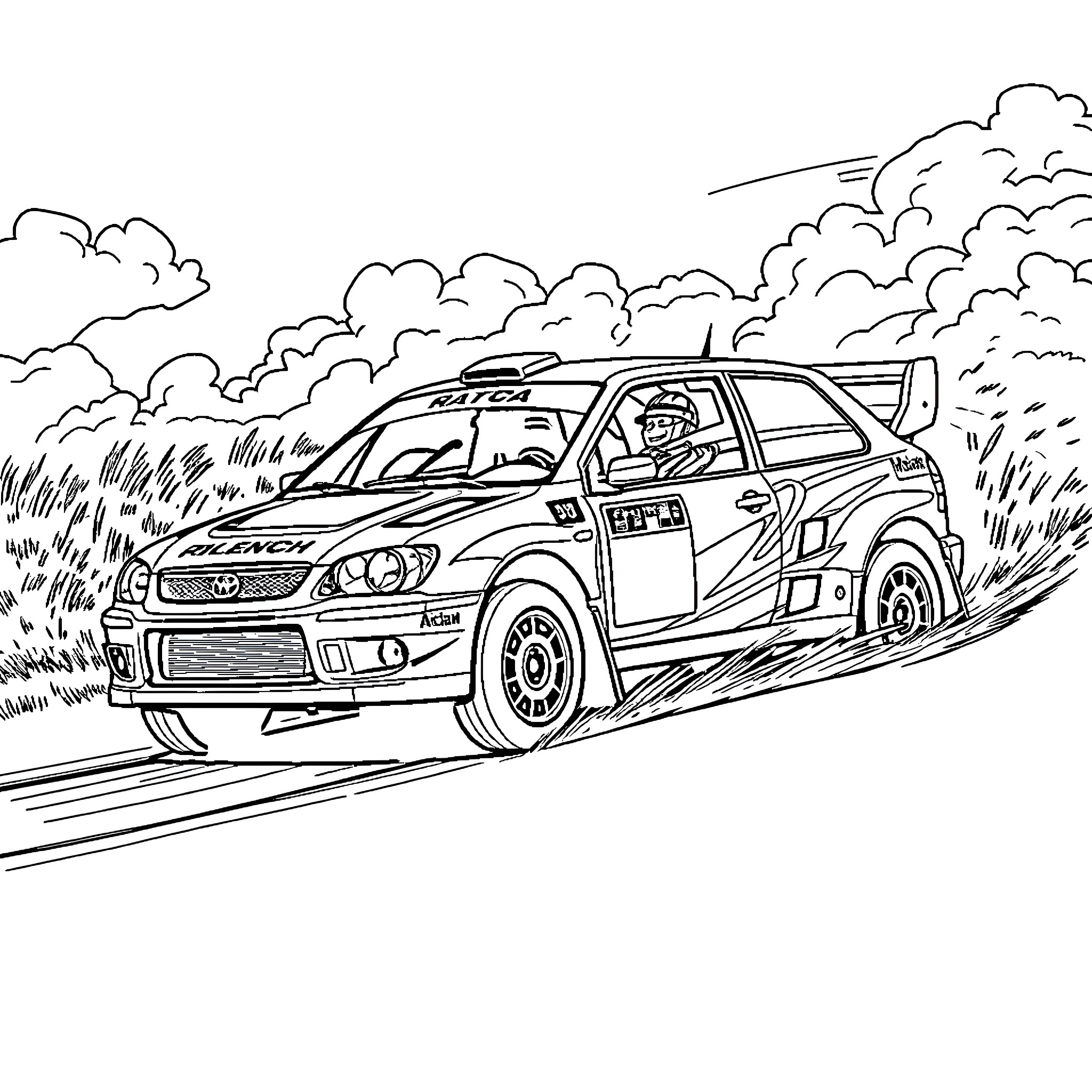 Rally Car Racing Through Rugged Terrain Coloring Page (free black-and-white line drawing printable PDF for all, from beginners to advanced learners, including children, teens, adults, and seniors)