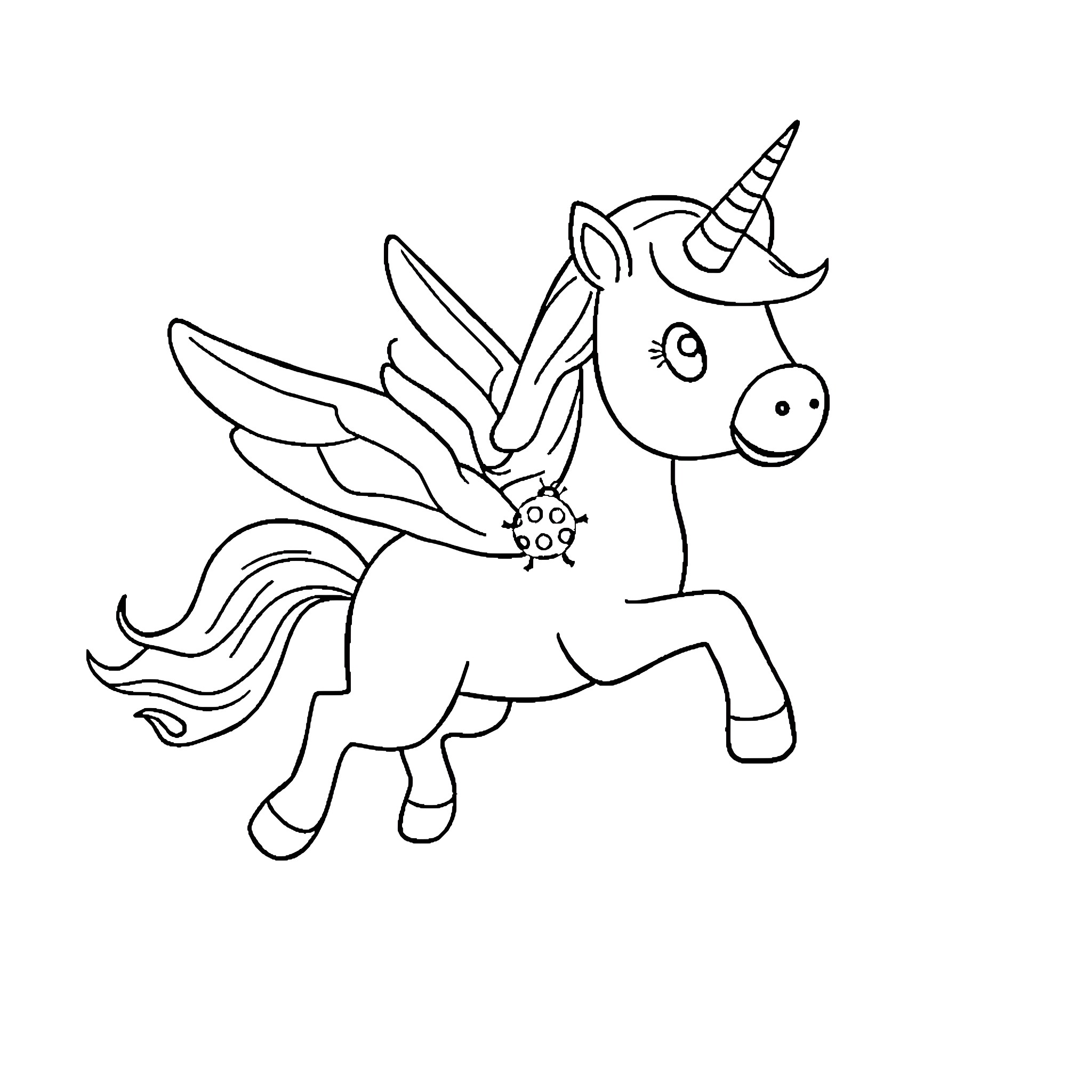 Ladybug-themed Unicorn Playing Joyfully Coloring Page (free black-and-white line drawing printable PDF for all, from beginners to advanced learners, including children, teens, adults, and seniors)