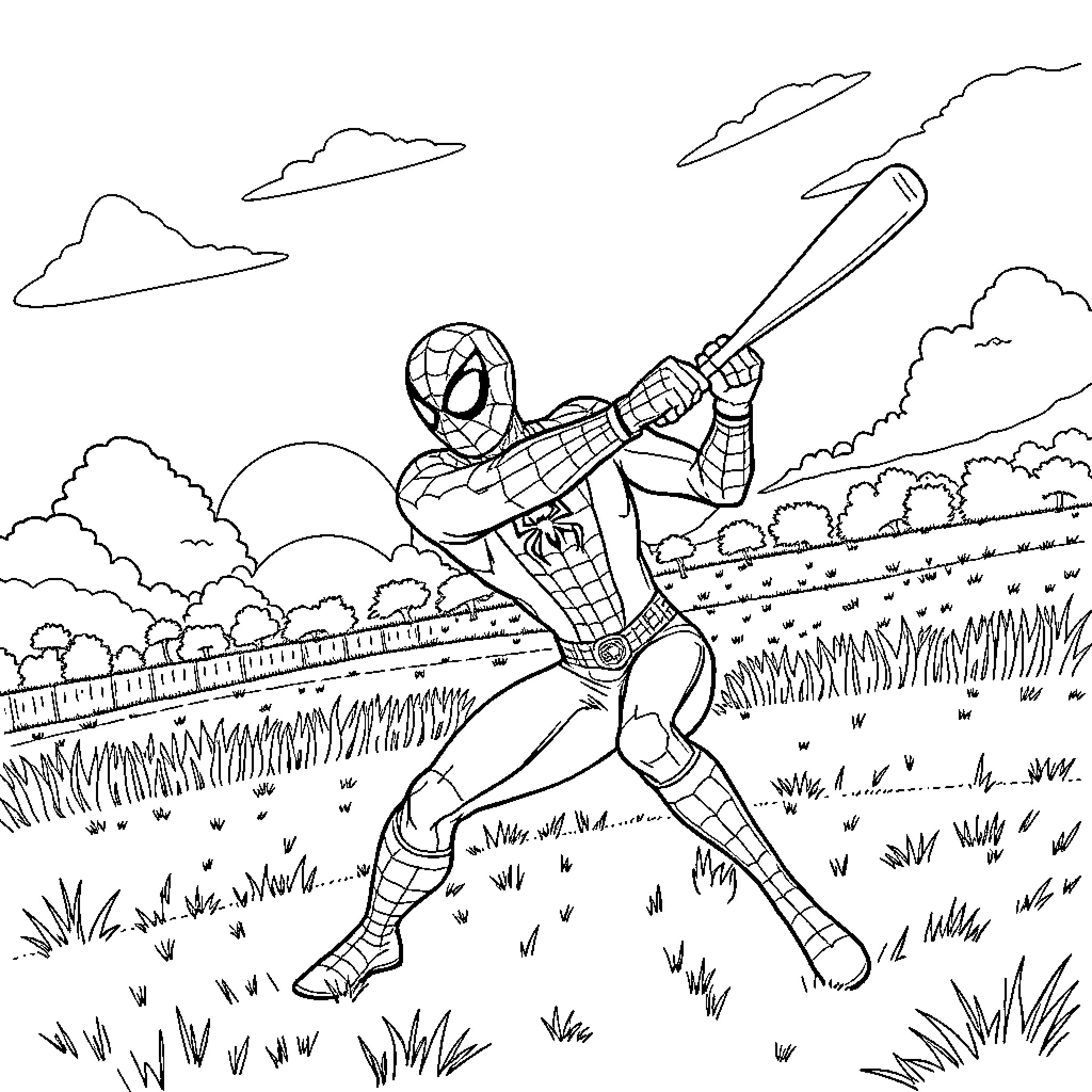 Spiderman swinging through the city in action Coloring Page (free black-and-white line drawing printable PDF for all, from beginners to advanced learners, including children, teens, adults, and seniors)