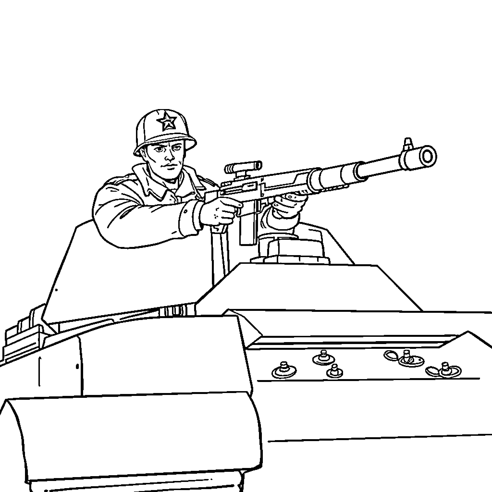 Army Man operating military tank with weapon Coloring Page (free black-and-white line drawing printable PDF for all, from beginners to advanced learners, including children, teens, adults, and seniors)