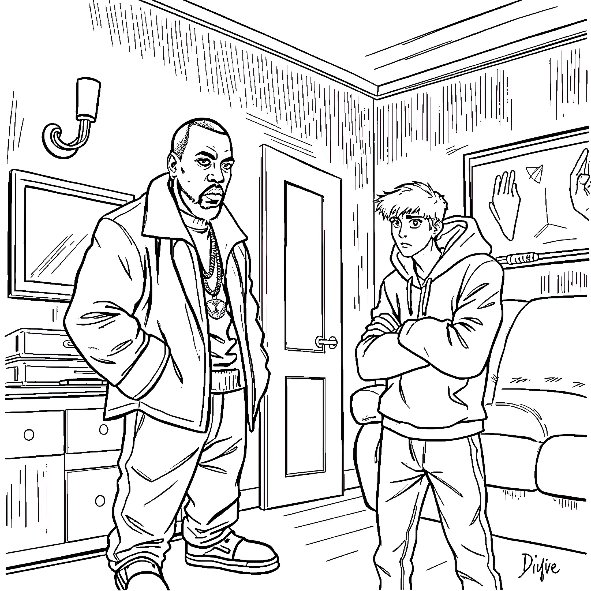 Diddy's unexpected encounter in the studio Coloring Page (free black-and-white line drawing printable PDF for all, from beginners to advanced learners, including children, teens, adults, and seniors)