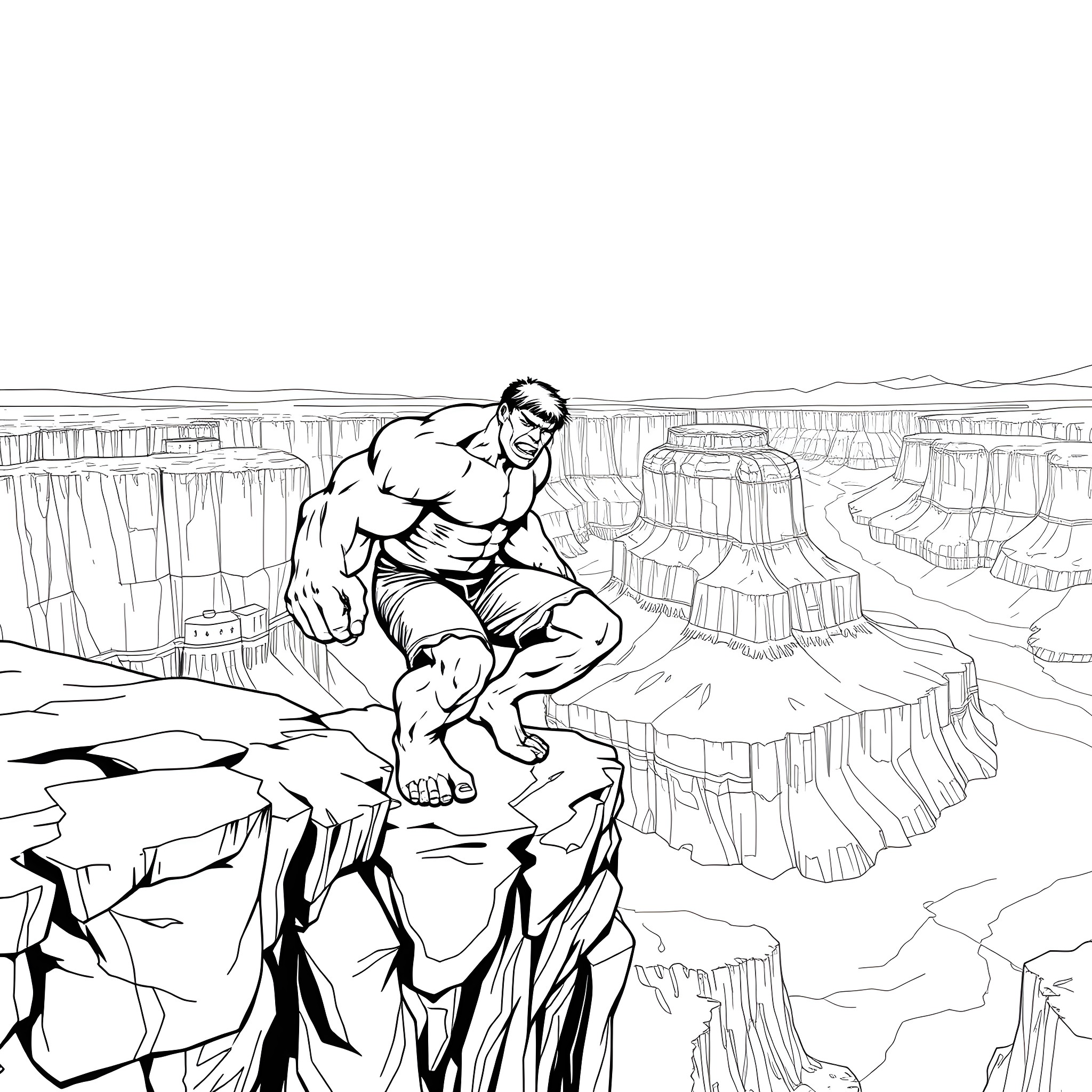 Hulk leaping across a rugged landscape Coloring Page (free black-and-white line drawing printable PDF for all, from beginners to advanced learners, including children, teens, adults, and seniors)