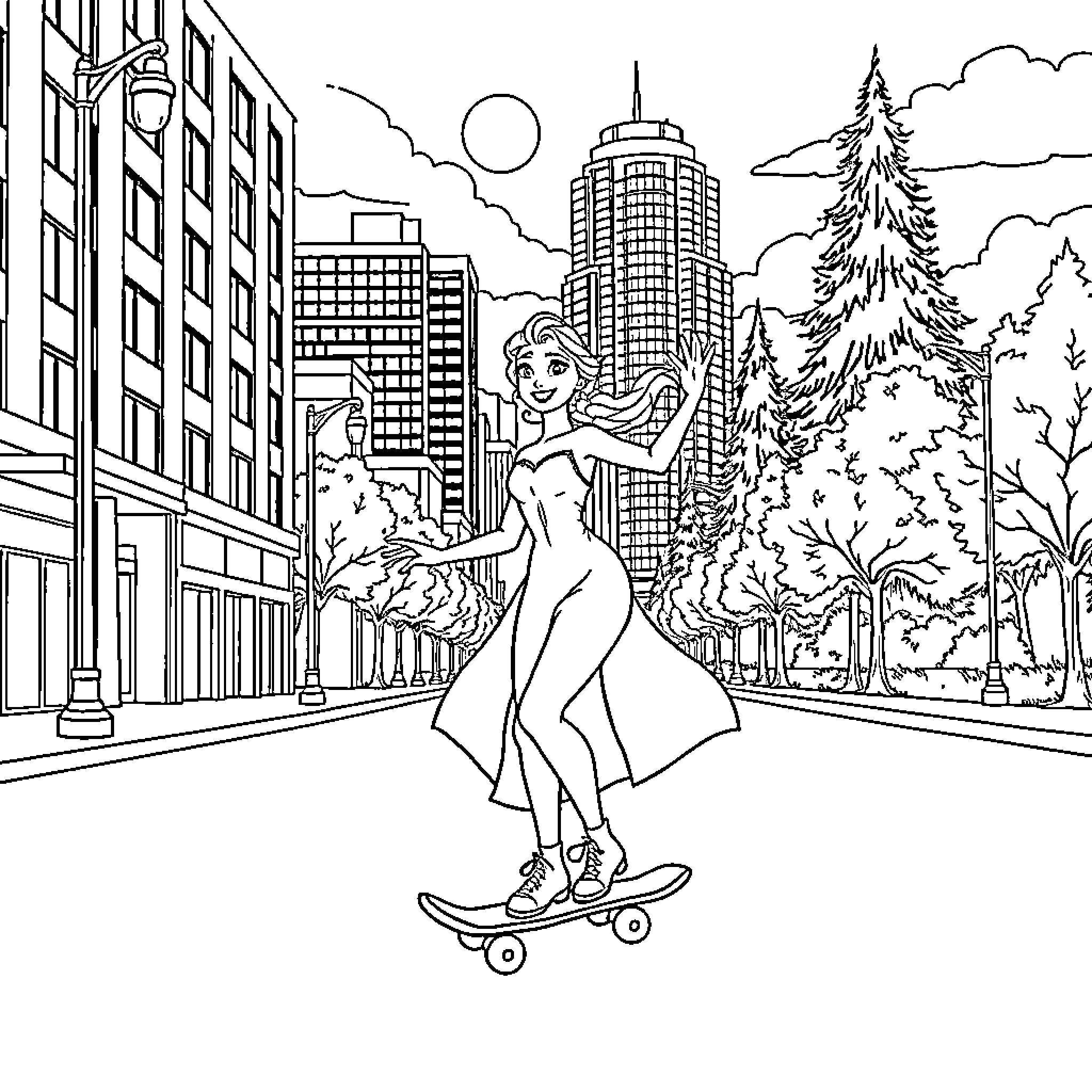 Elsa enjoying a skateboard ride through the city Coloring Page (free black-and-white line drawing printable PDF for all, from beginners to advanced learners, including children, teens, adults, and seniors)