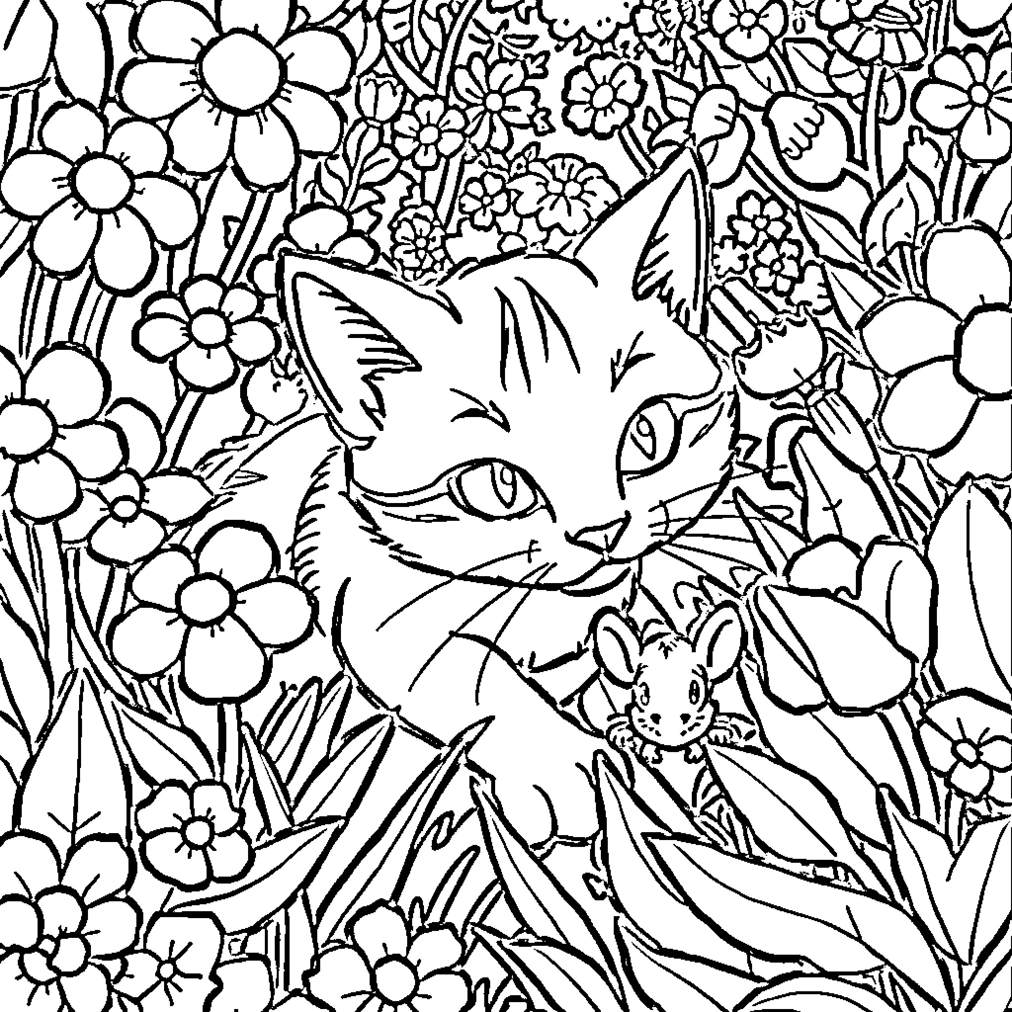 Cat hidden among flowers Coloring Page (free black-and-white line drawing printable PDF for all, from beginners to advanced learners, including children, teens, adults, and seniors)