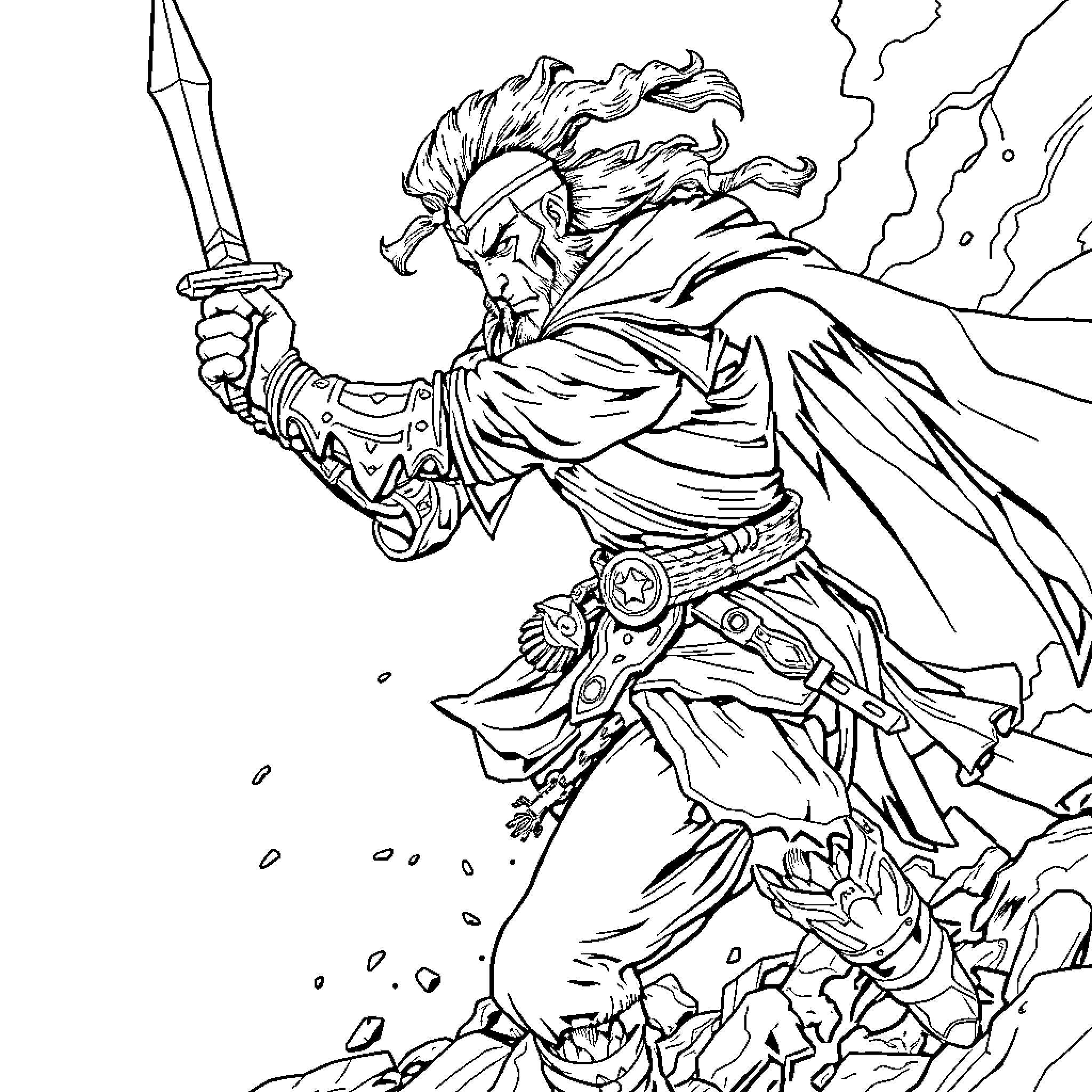 Warrior clashing sword in epic battle Coloring Page (free black-and-white line drawing printable PDF for all, from beginners to advanced learners, including children, teens, adults, and seniors)