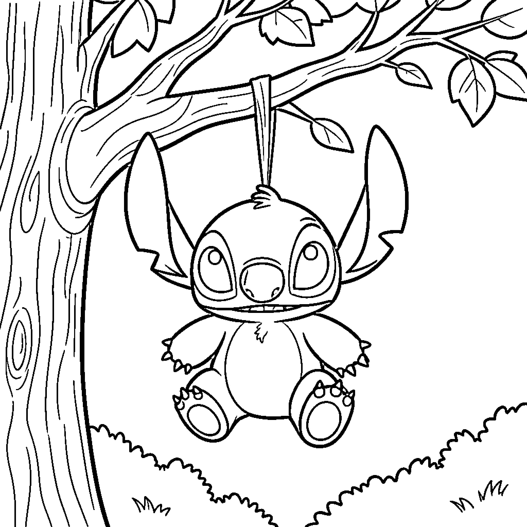 Stitch hanging upside down from a tree branch Coloring Page (free black-and-white line drawing printable PDF for all, from beginners to advanced learners, including children, teens, adults, and seniors)